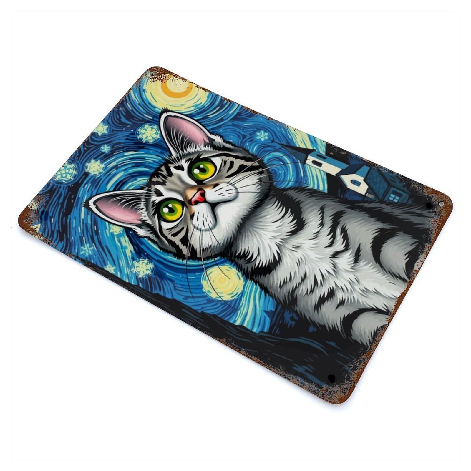 Garage Style Cat in Starry Night Rustic Tin Plaque 11.8"x7.9", Classic Wall Plaque for Bar And Workshop