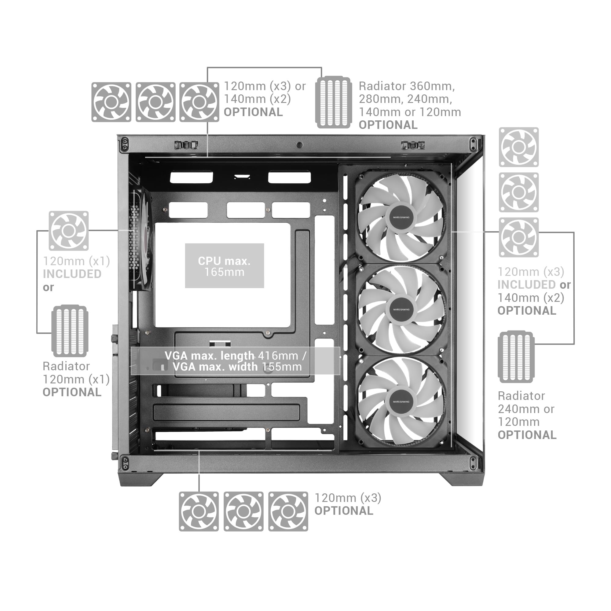 Mars Gaming MCV5, Obudowa PC ATX, panoramiczne szkło hartowane, 4x wentylatory ARGB 120mm, 7 poziomych slotów PCI + 2 pionowe sloty PCI, kompatybilna płytami głównymi odwróconym złączem, USB-C, Czarny