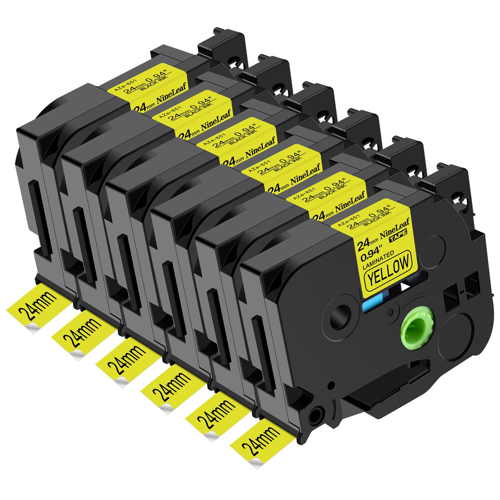 NineLeaf 6 Pack Replacement for Brother P-Touch TZe-651 TZ-651 TZe651 TZ651 AZe 24mm 0.94'' 8m Laminated Black on Yellow Label Tape Cassette for Ptouch PT-9400 9500PC 9600 9700PC 9800PCN Label Maker