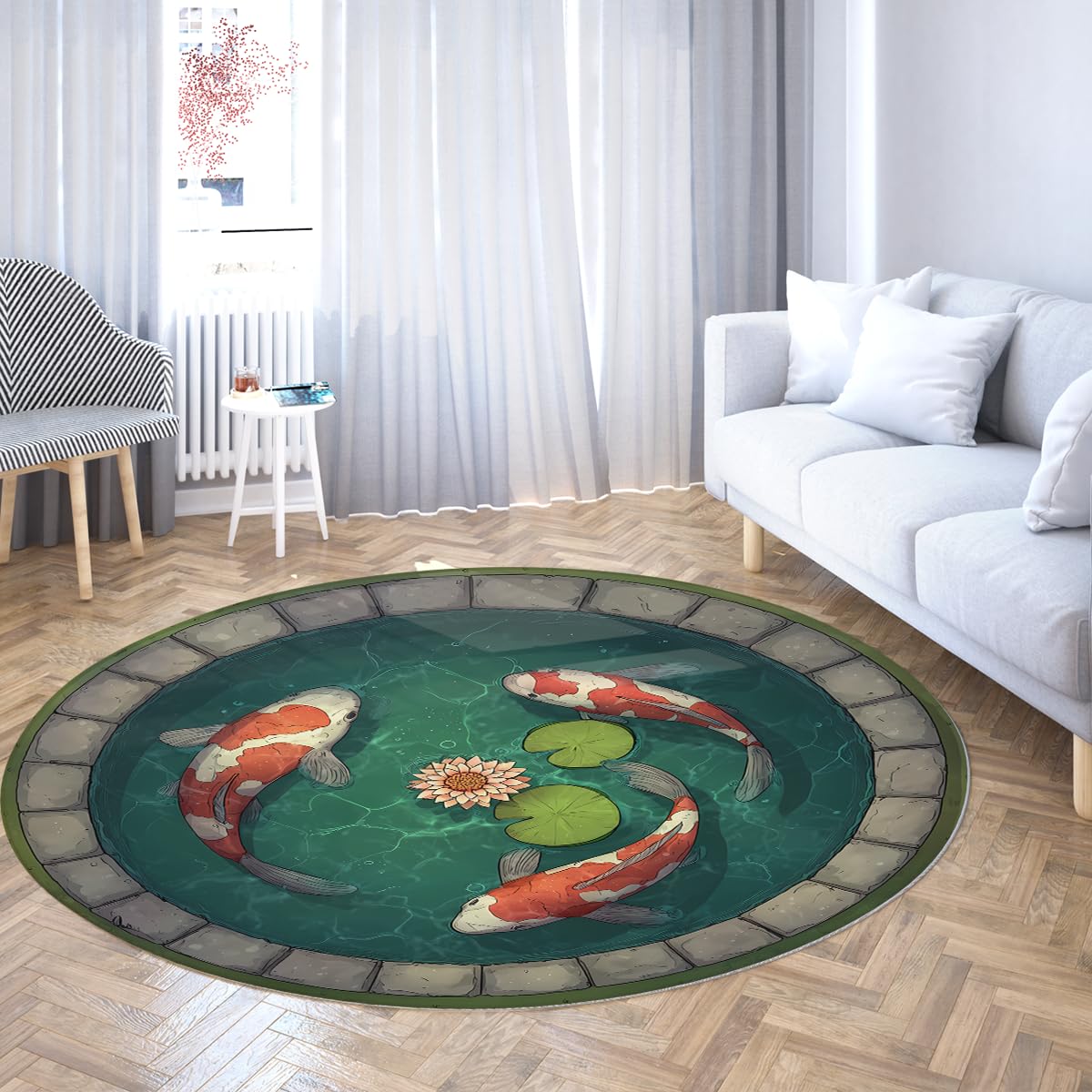 Okrągłe dywaniki 3D Koi Pond 160cm Dywan Iluzja Optyczna Ryby