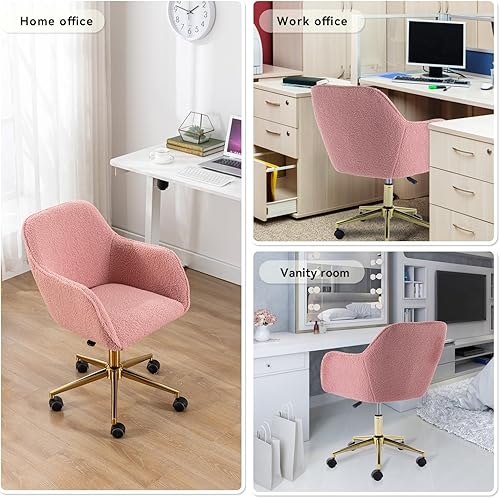 Miniatura 4 de Silla de oficina en casa de tela de peluche, bonita silla giratoria de escritorio con ruedas, moderna silla de tocador ajustable con base dorada