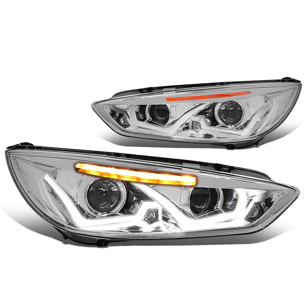 DNA MOTORING Projector Headlights Assembly Compatible with 2015-2018 Ford Focus, Chrome housing/Amber corner, HL-HPL-LED-FF16-CH-AM
