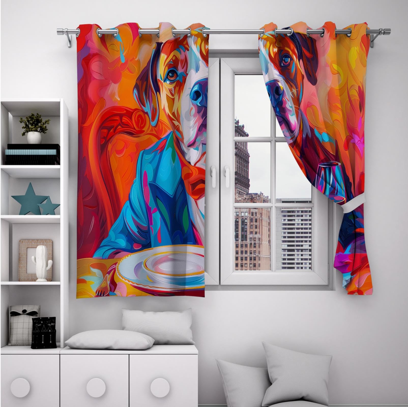 Akwarela Cartoon Zwierzęta Drukowane Zasłony Zaciemniające Dog Stół Prywatność Wzór Zasłony Do Sypialni Salon Prosty Wystrój Domu W140 x szer. 200 cm 2 panele