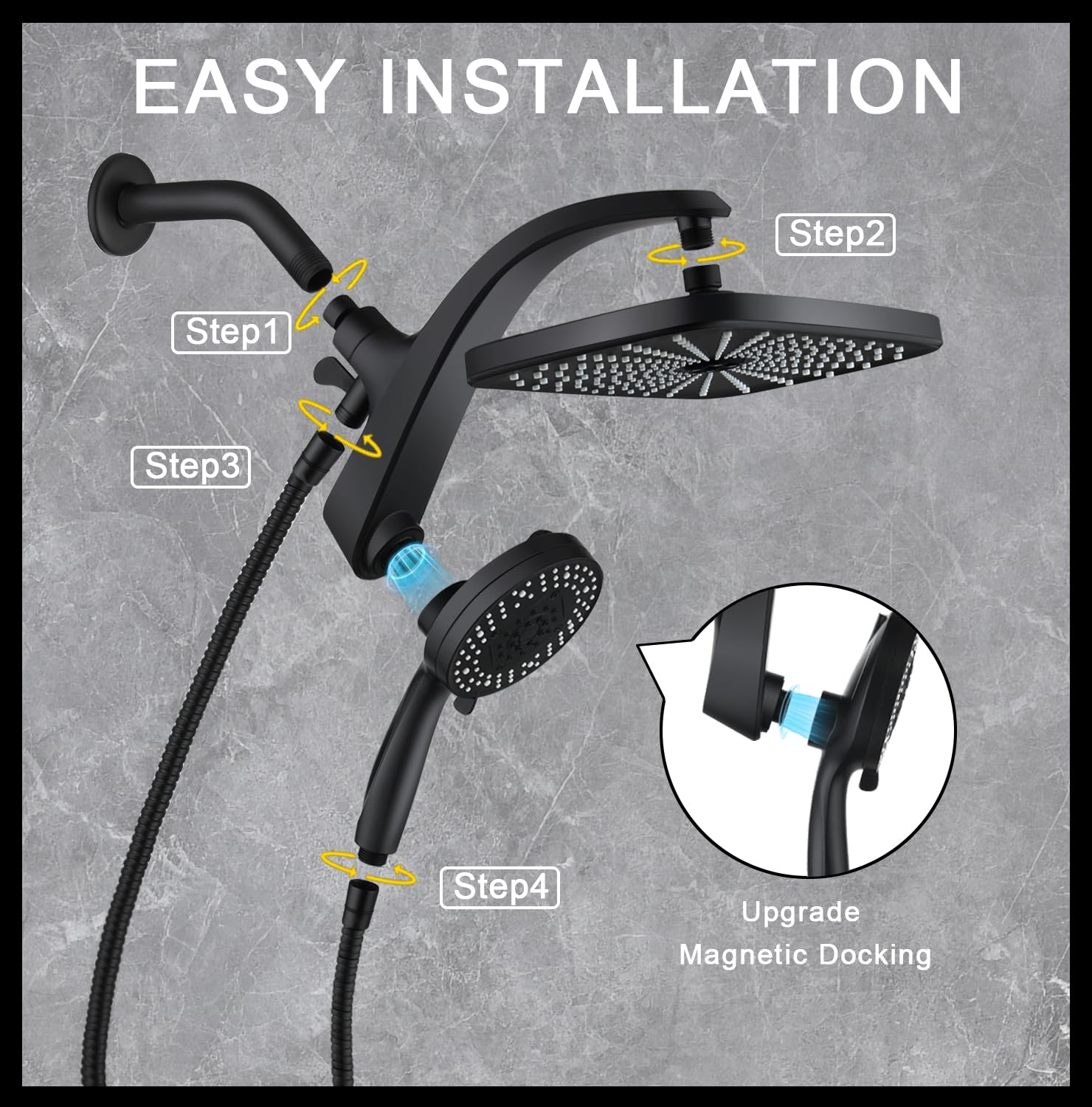 High Pressure Rain Shower Head: Upgrade Shower Heads with Handheld Spray Combo with Fixed Showerhead and 10 Sprays Handheld Shower Head, Detachable Showerheads Built-in Magnetic Docking and Power Jets: Black 2.5GPM