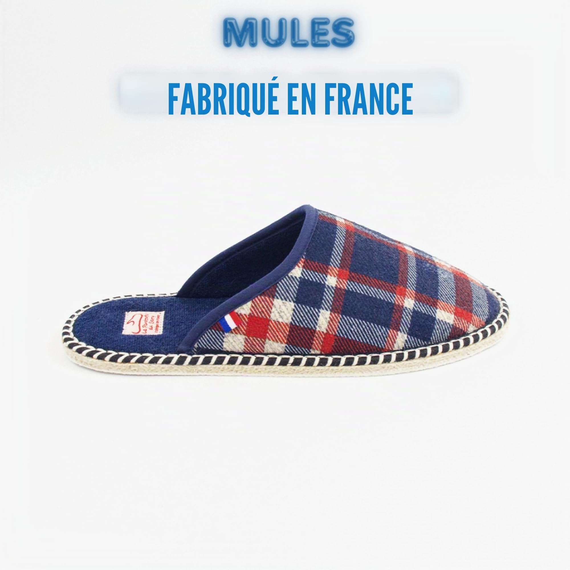 Mules Mixte style charentaise couleurs Bleu - MIF - Mule en coton/laines Pantoufles été - confortables/chaudes - Semelle confortable en feutre tressé antidérapante , Chausson Extérieur/intérieur