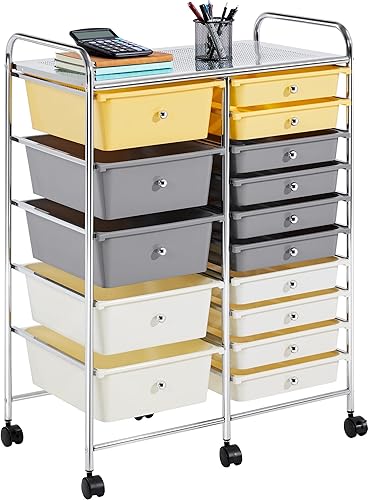 Yaheetech Carrito de almacenamiento con ruedas de 15 cajones, multiusos, móvil, organizador de almacenamiento, herramientas, álbum de recortes,