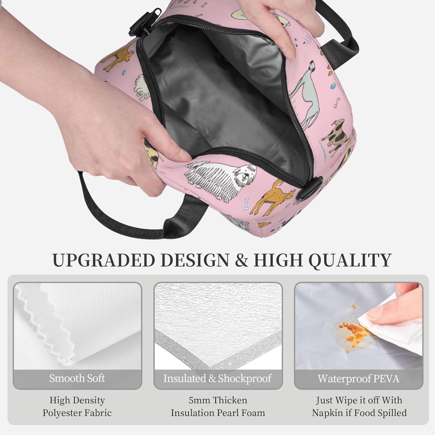 Cute Dogs Pink Background Lunch Bag Reusable Insulated Lunch Tote Bag Lunchbox Container With Adjustable Shoulder Strap For Office Work Picnic Travel - Image 4