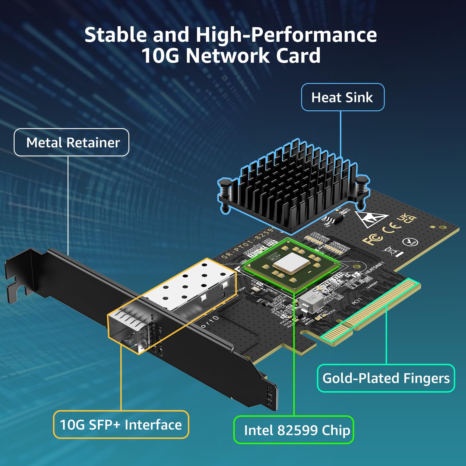Carte Réseau PCIe 10Gb SFP avec Contrôleur Intel 82599 (X520-DA1), VIMIN Adaptateur Ethernet 10G NIC+Un Seul Port 10Gbps SFP, Compatible avec Express PCIe X8/X16,Windows/Linux/VMware