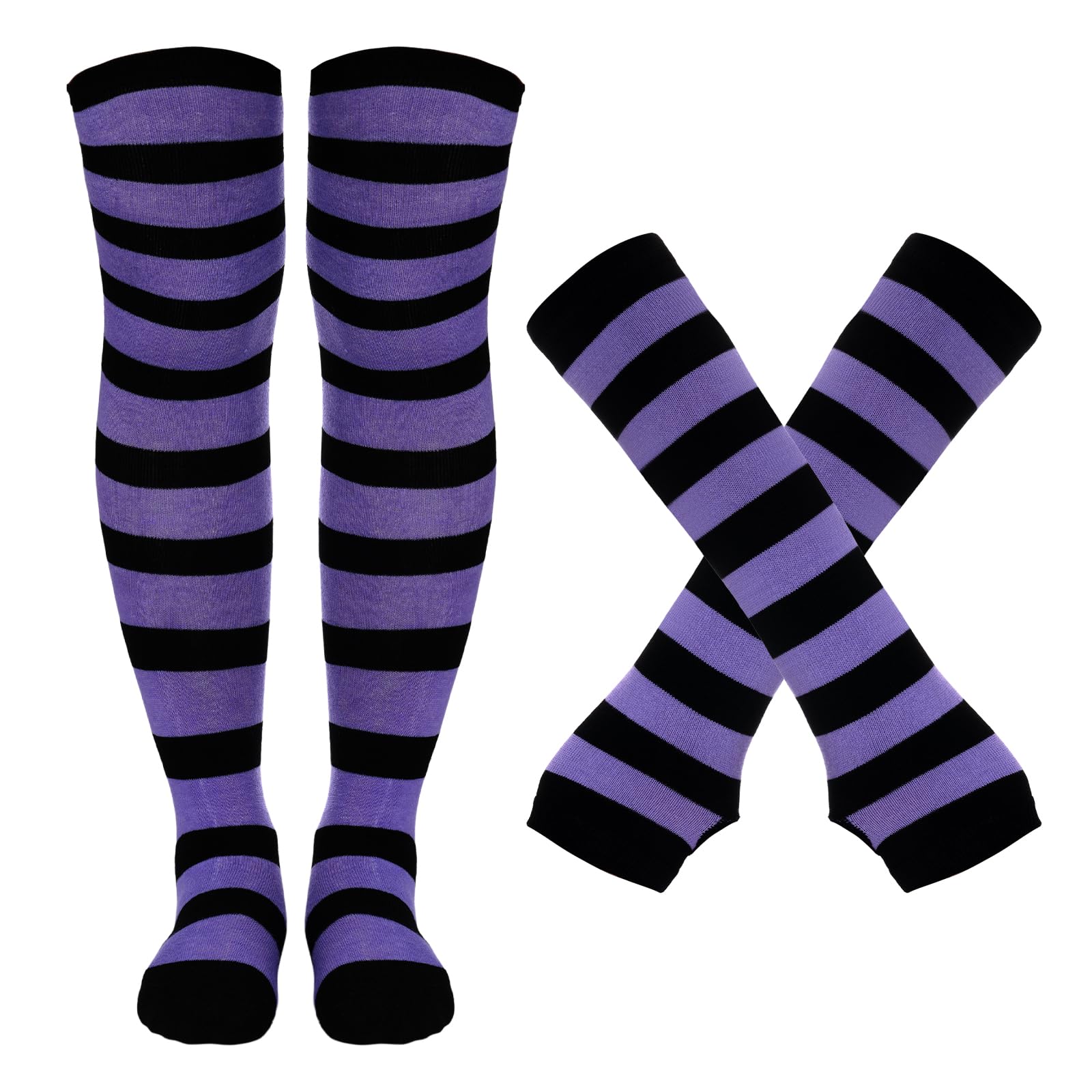 Tongcloud Women's Striped Knee High Socks, Over Knee Thigh High Socks, Arm Warmer and Fingerless Gloves Set