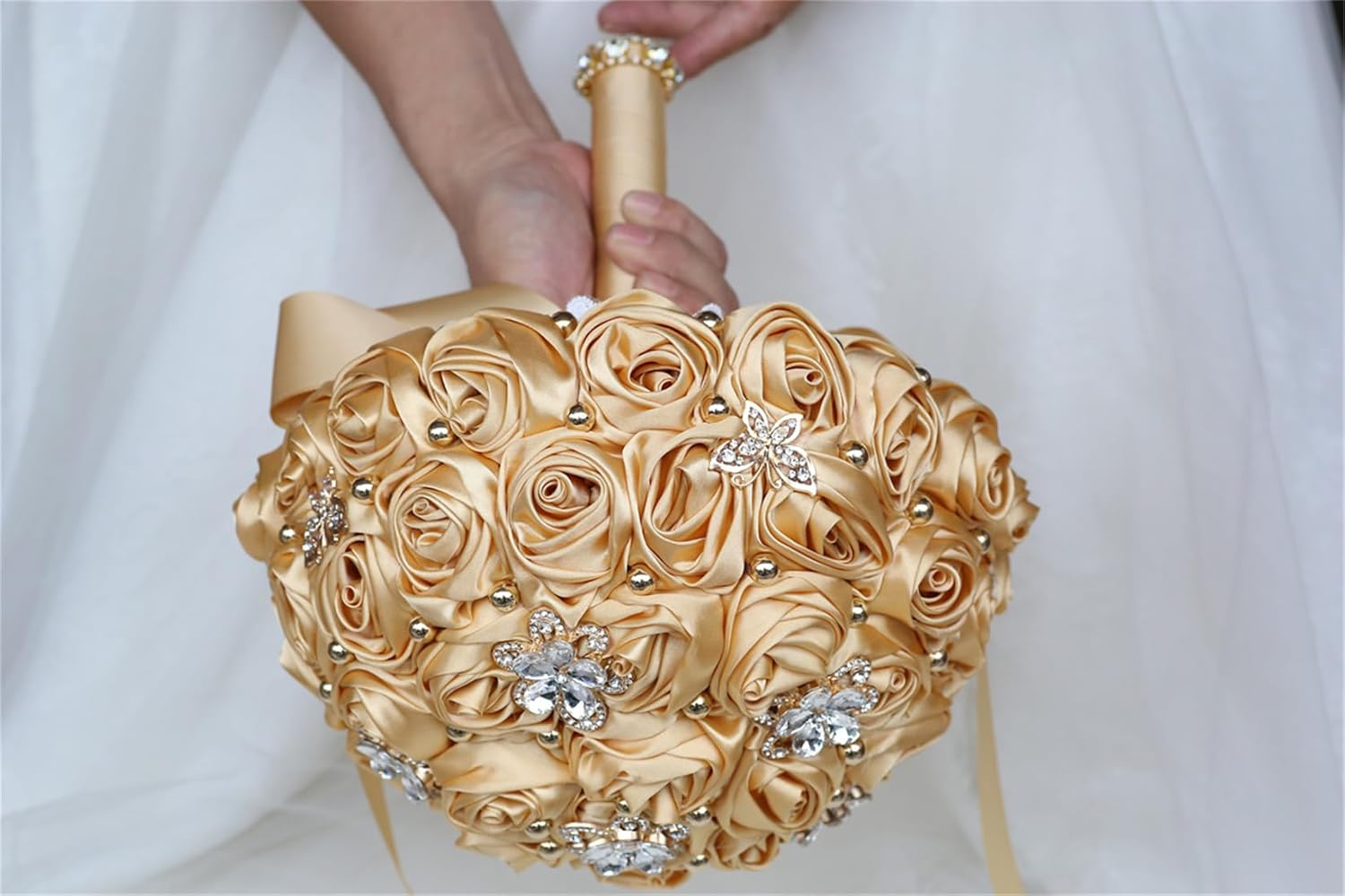 Handmade Rhinestone Bridal Bouquet Crystal Wedding Round Tossing Bouquet Artificial Flower Bunch for Bride Bridesmaid