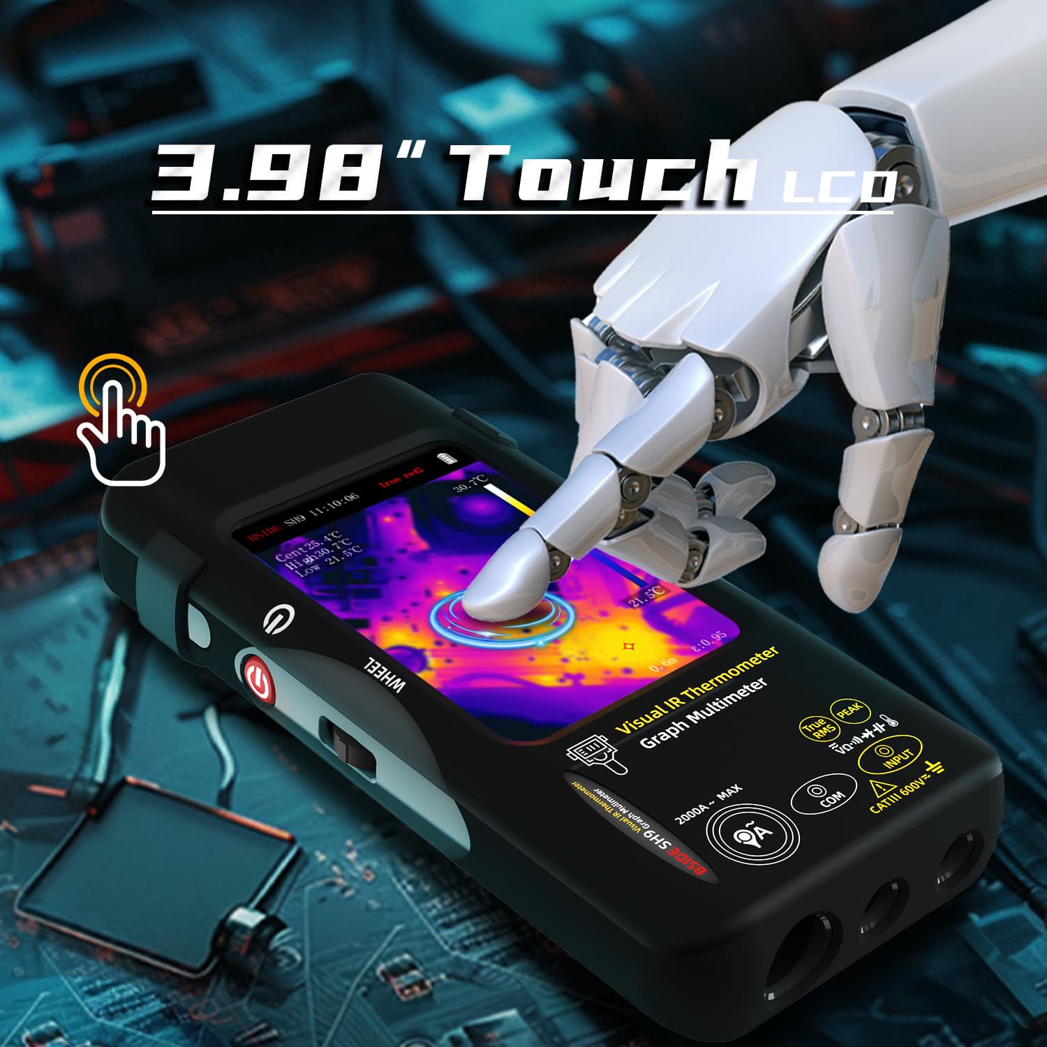 Hand interacting with the touch screen of the BSIDE Thermal Imager Multimeter