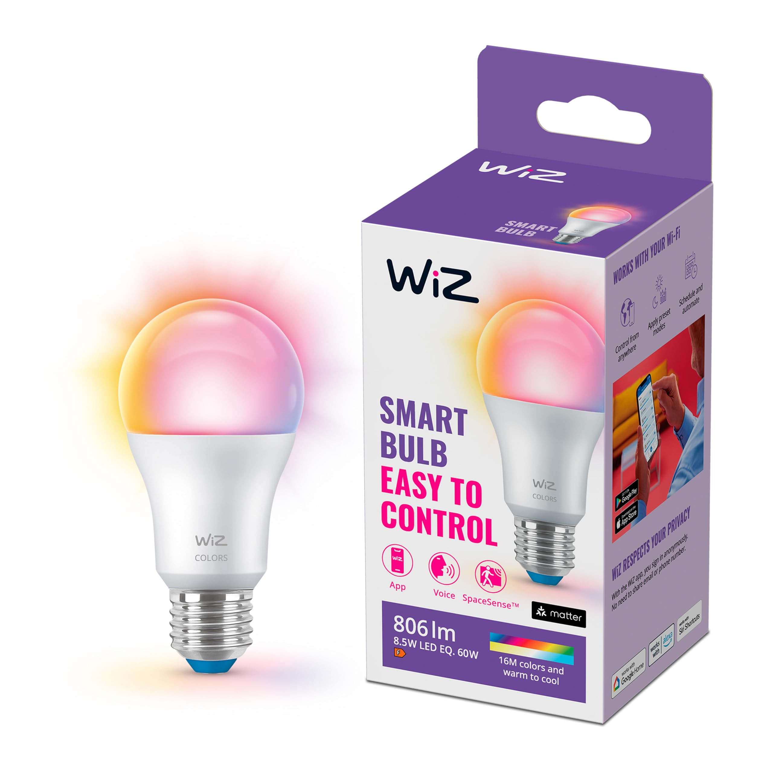 WiZ Voordeelverpakking - E27 - met 6 Standaardlampen - matt - 60 W - 806 lm - Mit Gekleurd Licht - Slimme LED Verlichting - Werkt met Apple HomeKit, Alexa bei Google Home - Tunable White and Color