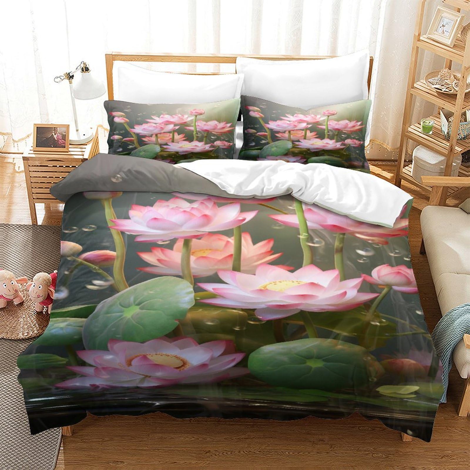 Parure de lit lotus 3D microfbre 260x220 cm avec housse de couette super king et taies d'oreiller