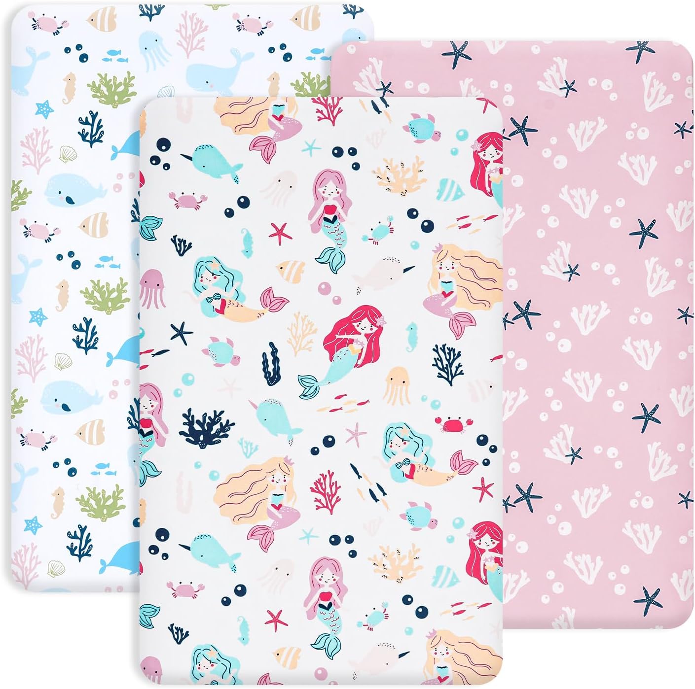 PHFPHF 3 Pack Soft Mini Crib Sheets, Mermaid Silky Pack N Play Sheets for Baby Boys Girls, Universal Fit for Pack N Play, Playard, Portable and Mini Crib Mattresses, Mermaid