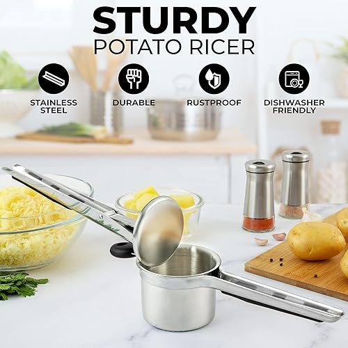 Miniatura 4 de Zulay Kitchen Ricer de papas grande de 15 onzas, triturador de papas de acero inoxidable resistente y triturador para puré de papas, triturador de