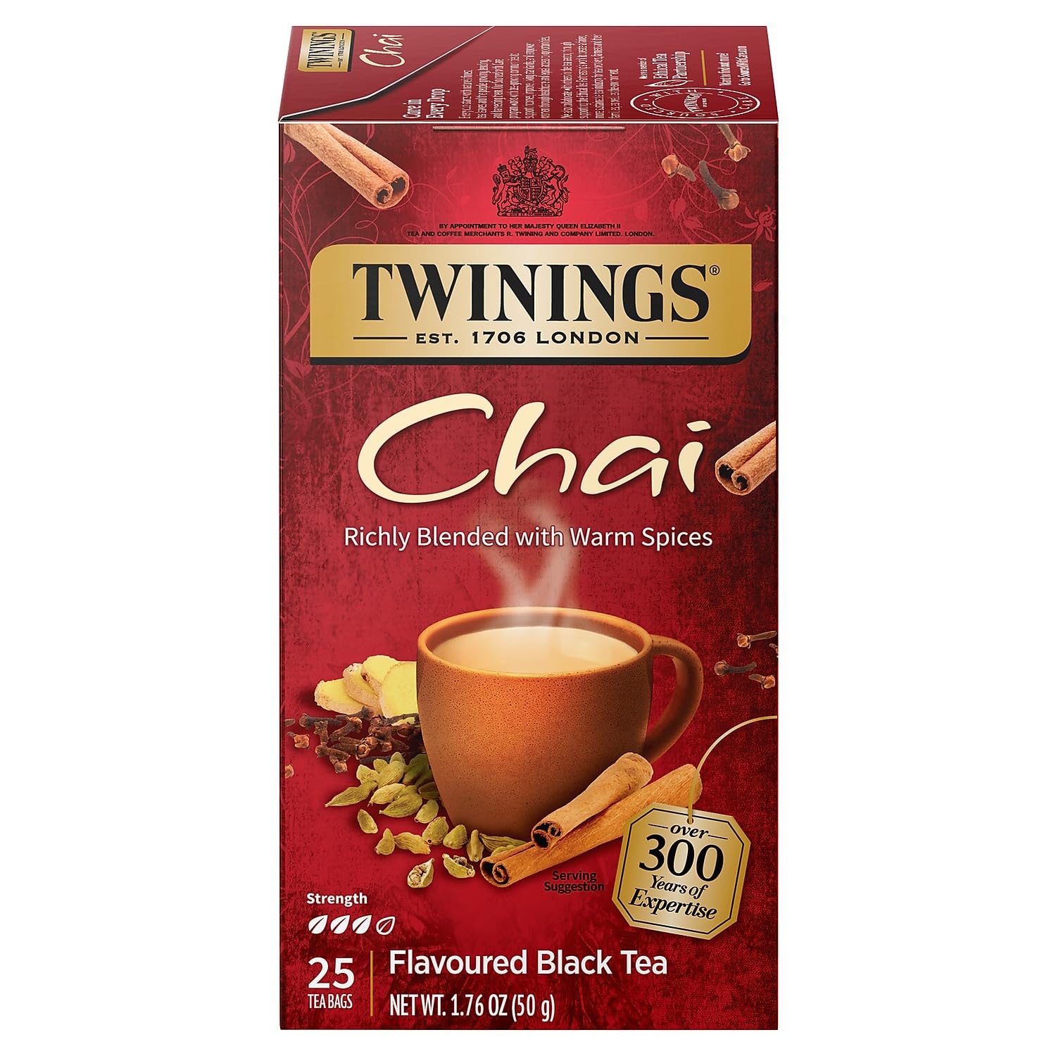 Twinings, Flavored Black Tea, Chai, 25 Tea Bags, 1.76 oz (50 g)