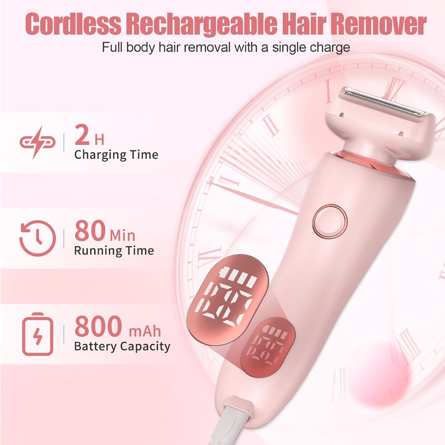Electric Shaver for Women, 2 in 1 Wet & Dry Painless Hair Removal��� Silk Glide Pro Shaver with 2 Removable Heads for Leg Arm Underarm Bikini Area，IPX7 Waterproof, Pink - Image 8