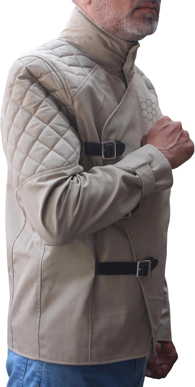 Men The Jason Statham Beekeeper Mr Clay Stand Collar Beige Belted Front Jacket - Cotton