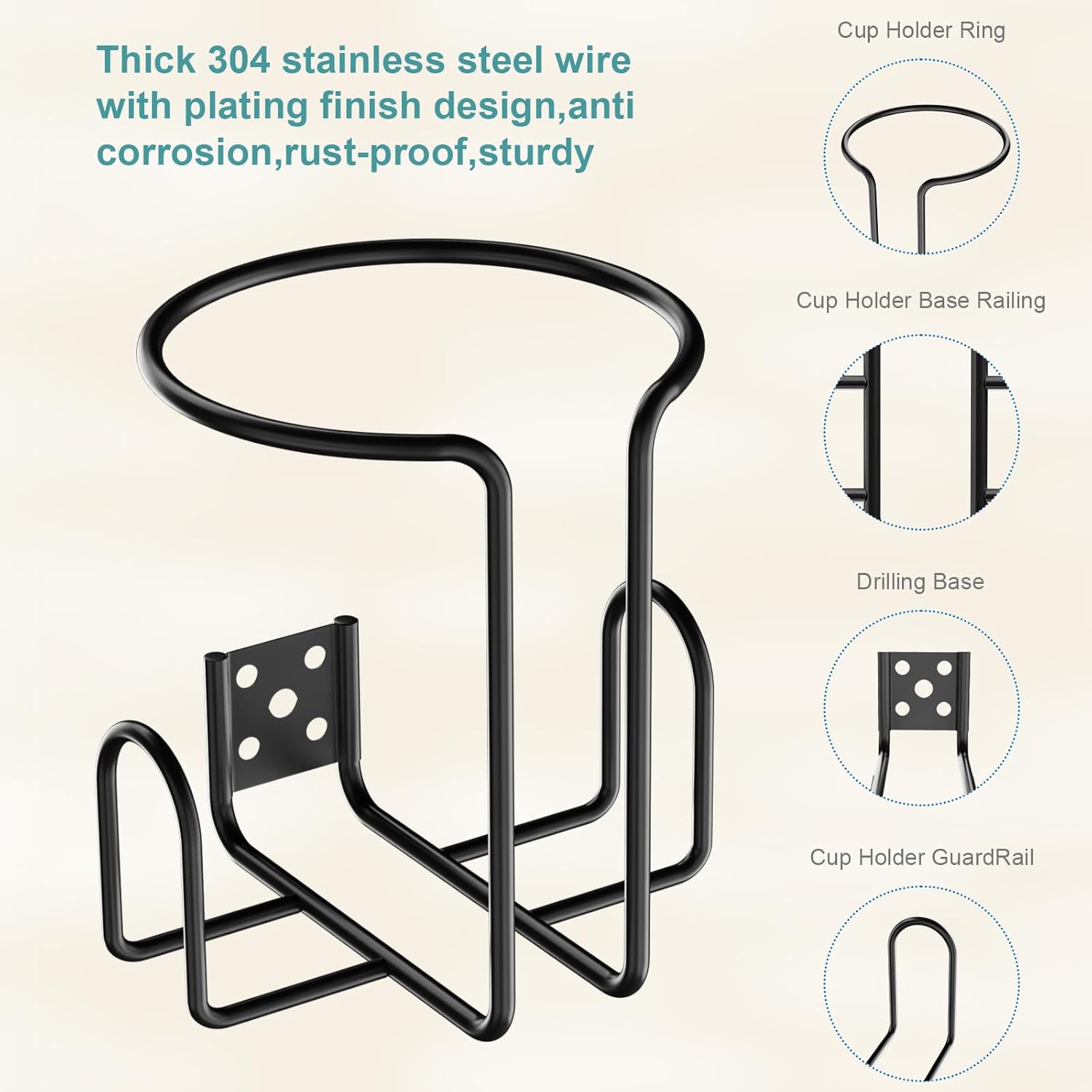 Wall Mount Cup Holder,Stainless Steel Universal Drilling Hole Drinking Holder,Coating Ring Bottle Mug Cans Holder for Wallside/Railing/Board/Guardrail/Shelf/Rack, 2 Pack Black - Image 5