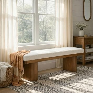 Christopher Knight Home 55 Chenille Upholstered Bench with Solid Rubber Wood Legs, Modern Farmhouse Bedroom Bench, Padded Entryway Bench Seat, Dining Bench for Living Room End of Bed, Beige