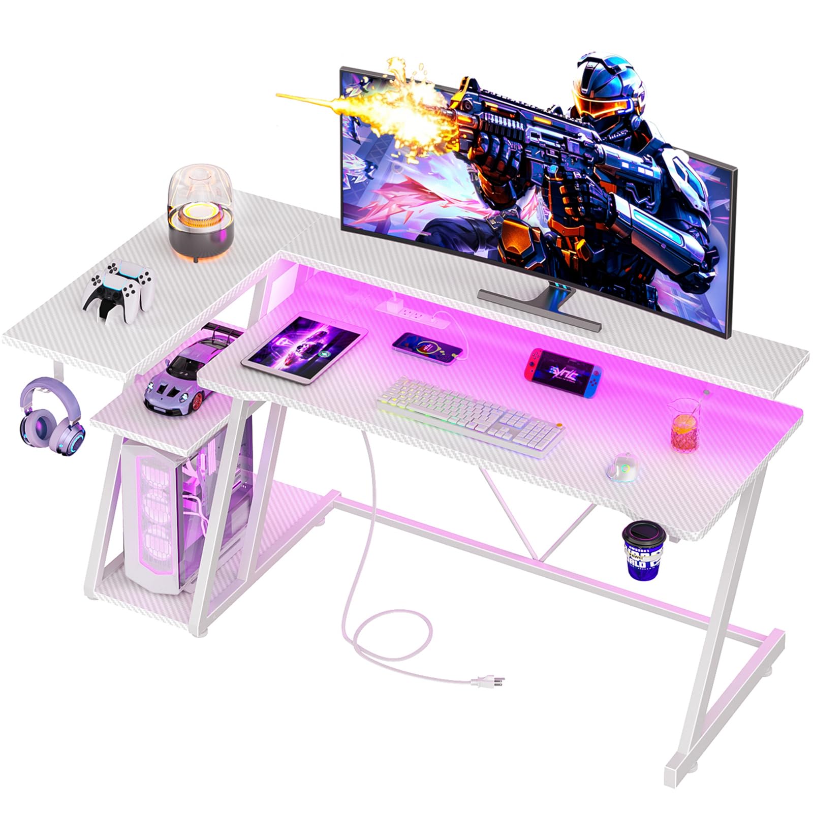 Korfile 55 Inch White Gaming Desk with Power Outlet & LED Lights, L Shaped Computer Desk Gaming with 3 Tiers Storage Shelves, Reversible Corner Desk