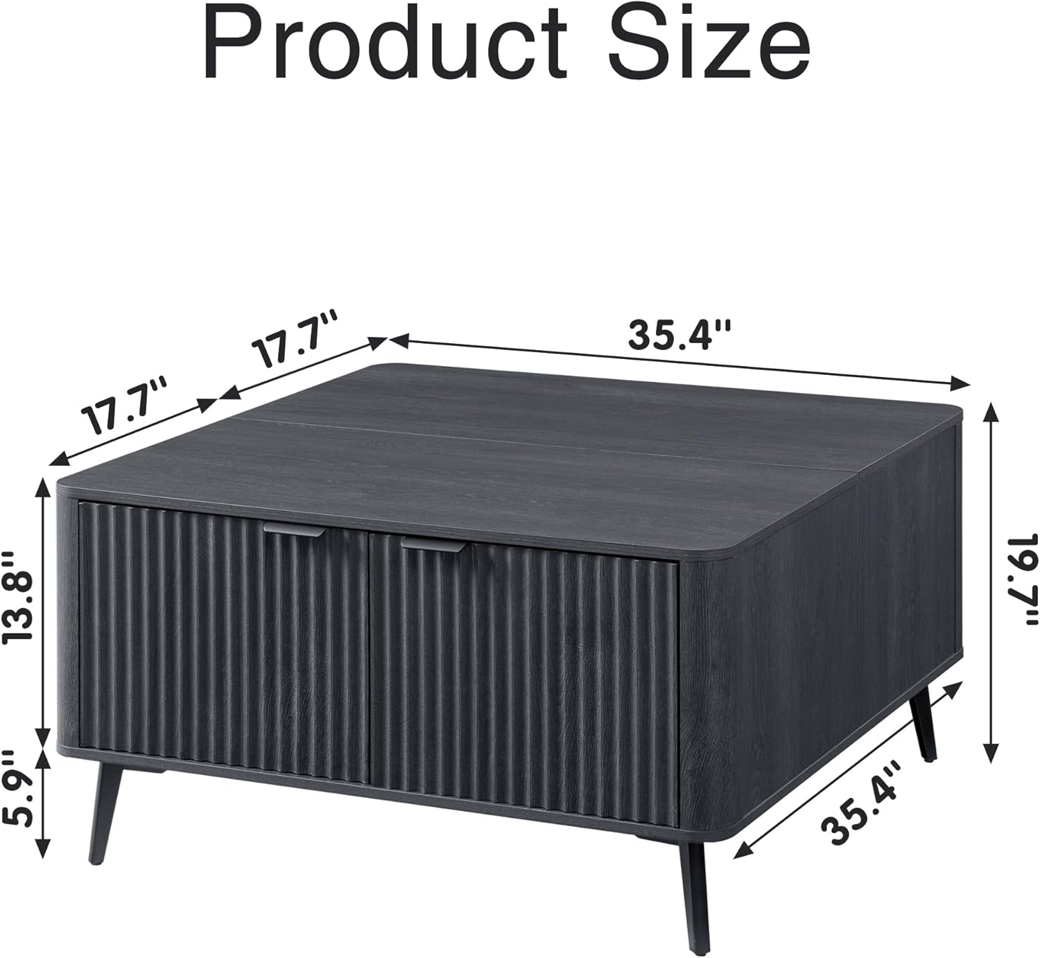 Lift Top Coffee Table with Storage, 35.4" Wide Square Black Coffee Table with Large Hidden Compartment, Mid Century Modern Fluted Center Table for Home Living Room, Balck Grey