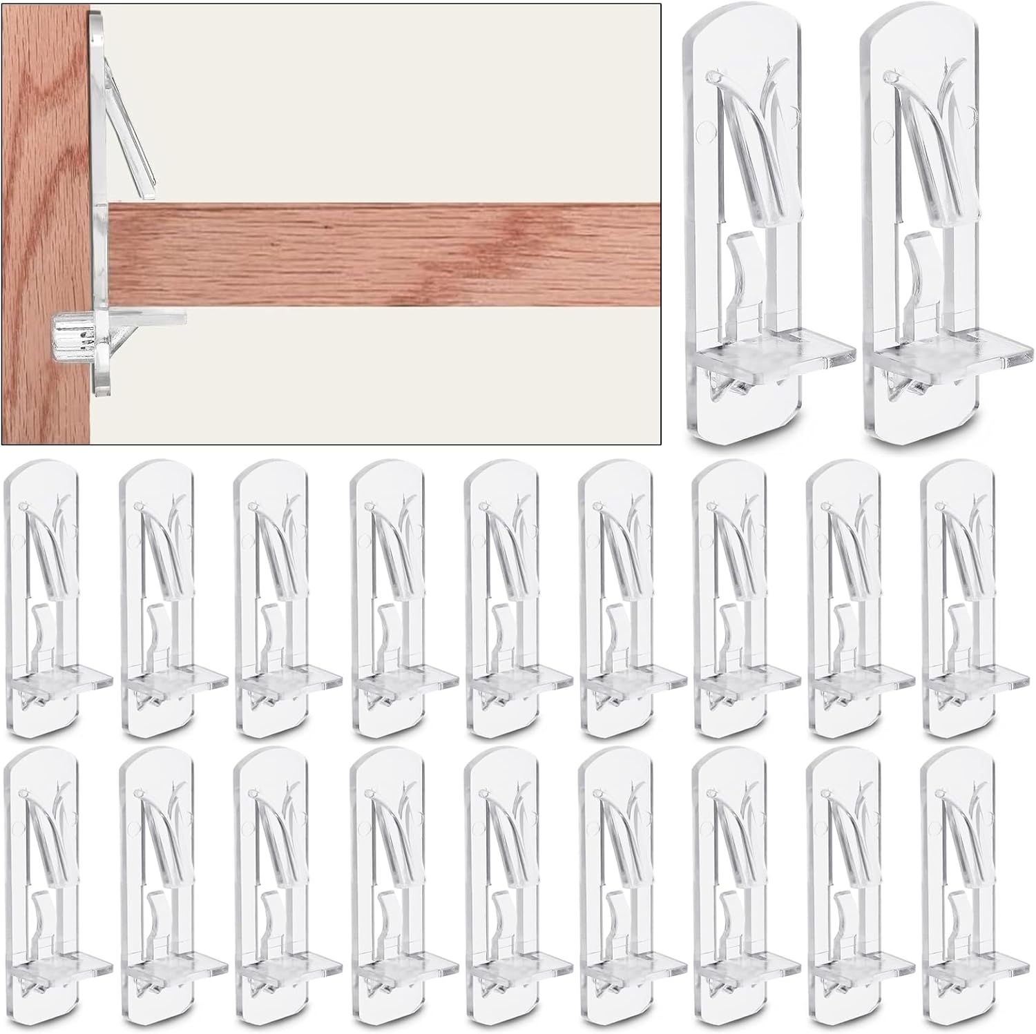 20 Pcs Plastic Locking Shelf Support Pegs, 5mm Shelf Pins Bracket, Kitchen Cabinet Wooden Shelf Clips for 5mm Peg x 3/4” Thick Plate