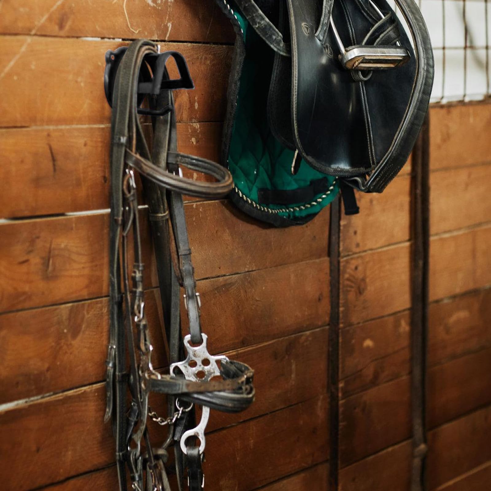 Soporte para caballo de metal negro, gancho de trinquete con tubos y tornillo, brida auxiliar