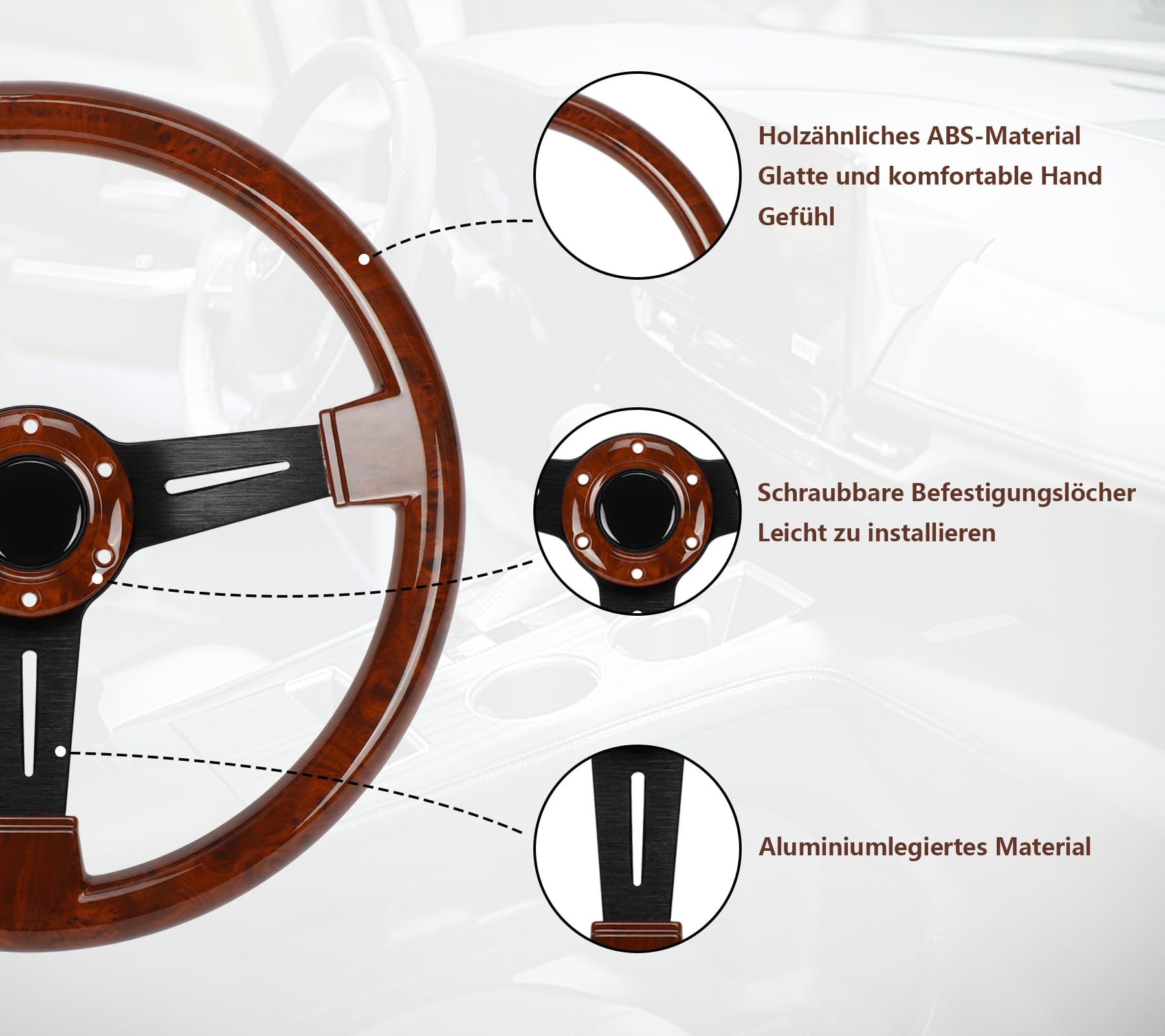 aleawol 350 mm Volante in Legno, 14 Pollici Volante in Mogano Classico con Kit Clacson per Auto Modifica Retrofit