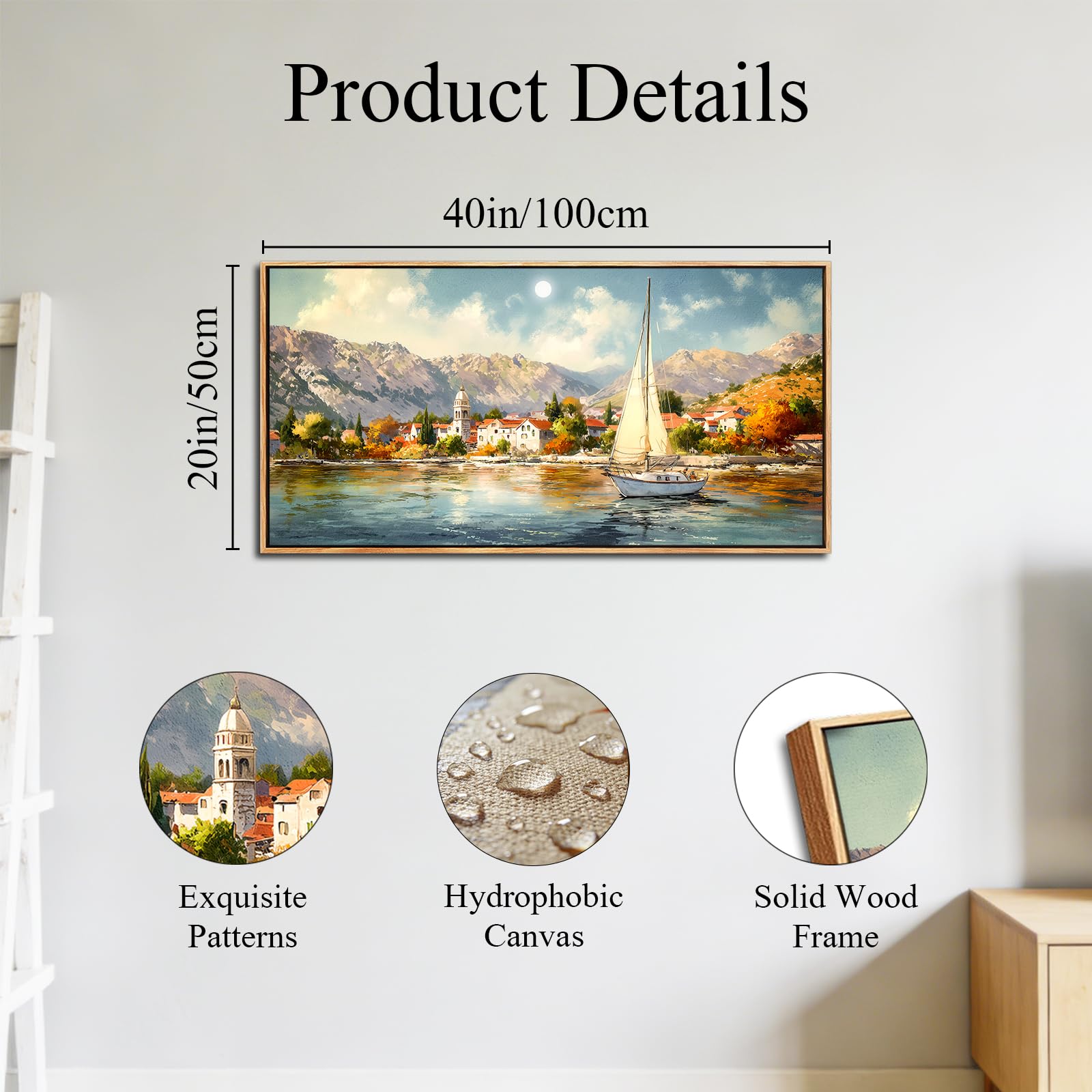 SERIMINO Modern Wandbild mit Rahmen Vintage Landschaft Bilder 50x100 cm | Küstenstadt Segelschiff Wanddeko, Hd Druck, Massivholzrahmen, Einfache Montage, Mehrgrößen Mehr, Vielseitig Einsetzbar