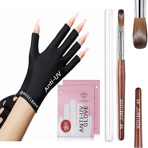 modelones Guantes profesionales de protección UV UPF99+ y cepillo de uñas acrílicas, tamaño 8, cerdas de pelo Kolinsky 100% puro, mango de madera