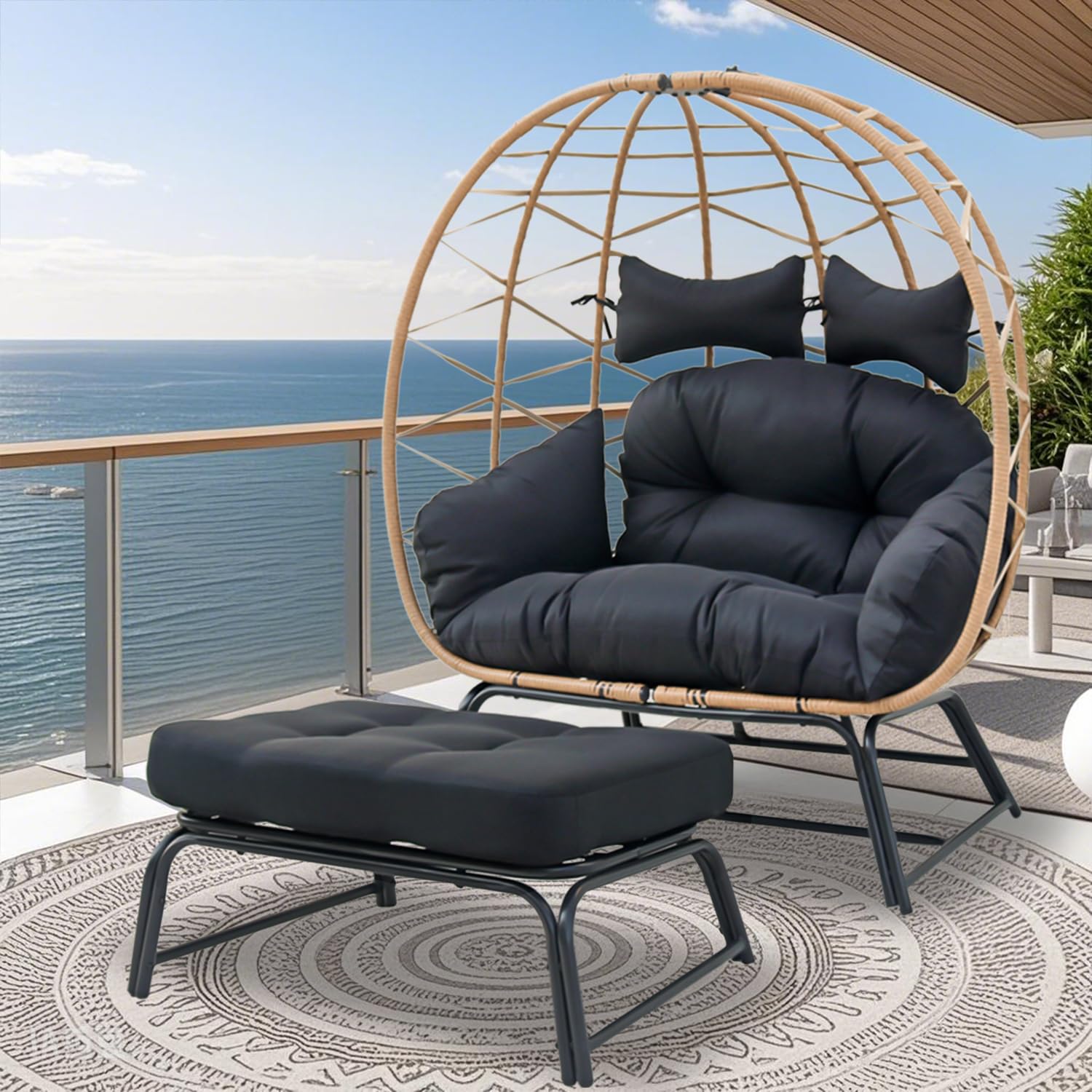 Nevsokio Double Wicker Outdoor Egg Chair,Lounge Chair with Ottoman,Oversized Patio Chair with Footrests,Cushions, Outdoor Indoor Rattan Chair (Webbing