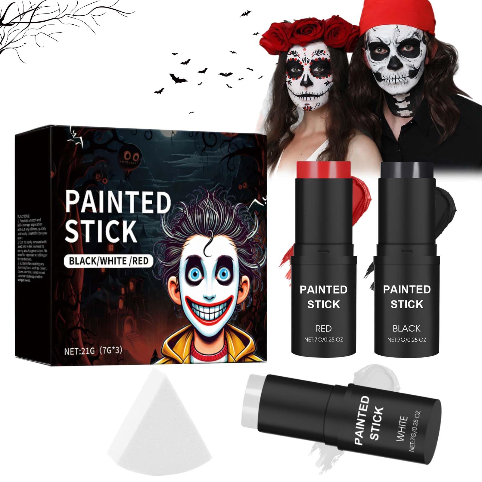 Allony Pintura Blanca y Negro Cara Halloween, Kit Maquillaje Halloween con Pinceles y Esponjas, Maquillaje Blanco y Negro Para Cara, Pintura de Cara Halloween Apto para Cuerpo(Negro+Blanco+Rojo)(B)