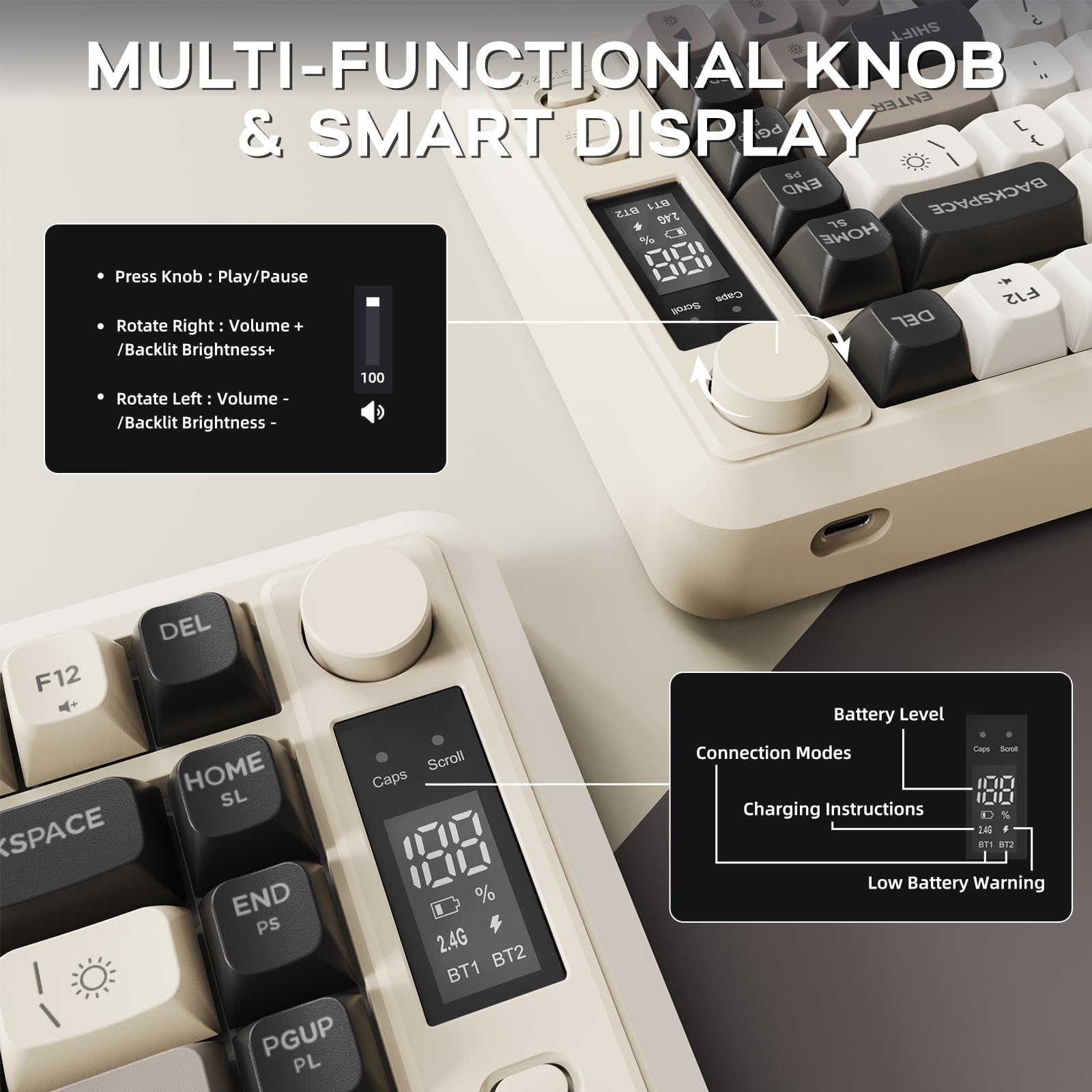 ZIYOU LANG M75 82-Klawiszowa Bezprzewodowa Klawiatura Membranowa,Inteligentny Wyświetlacz i Pokrętło,Tryb Podwójny BT/2,4 GHz,Nakładki na Klawisze PBT,Podświetlenie Tęczowe (Serowy)