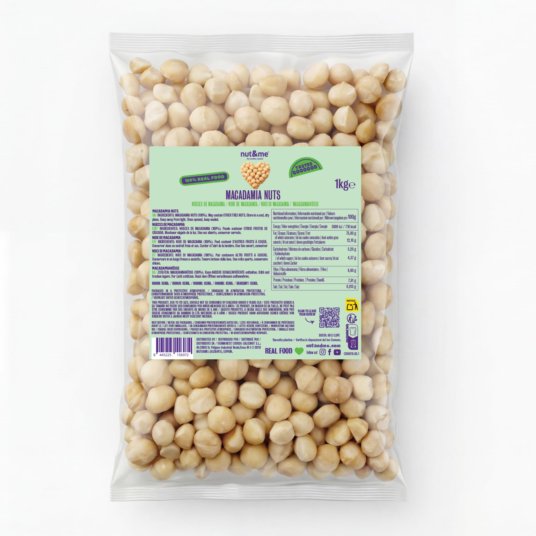 nut&me Noix de Macadamia 1 kg | Noix macadamia entières, sans coque, sans gluten ni additifs | Idéales pour snack, pâtisserie, granola, salades et recettes sucrées