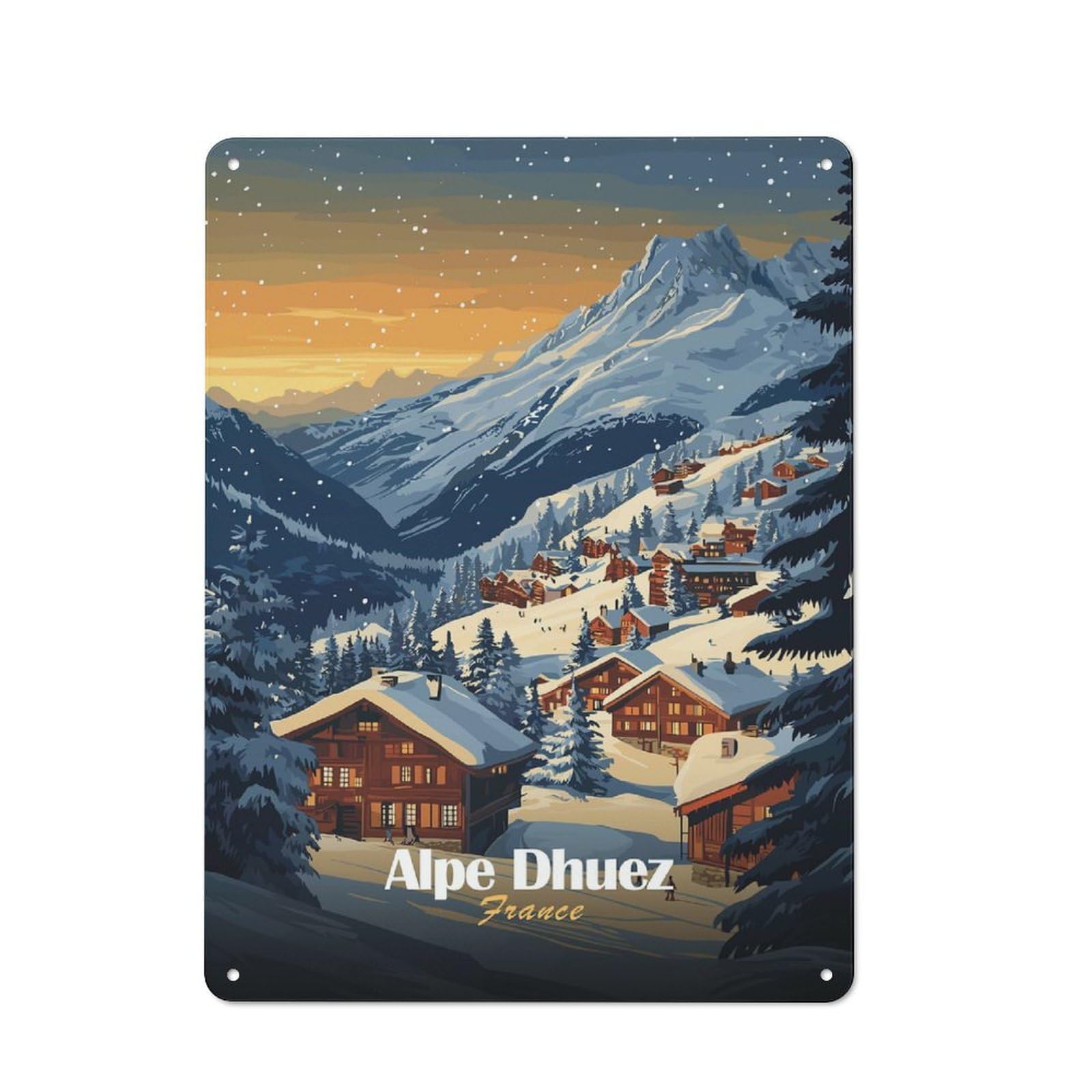 Junmoney Style-15 Tin Wall Plaque 40X30cm With Alpe Dhuez Ski Village For Guest Room Or Hallway, For Garage, Workshop And Man Cave Decoration