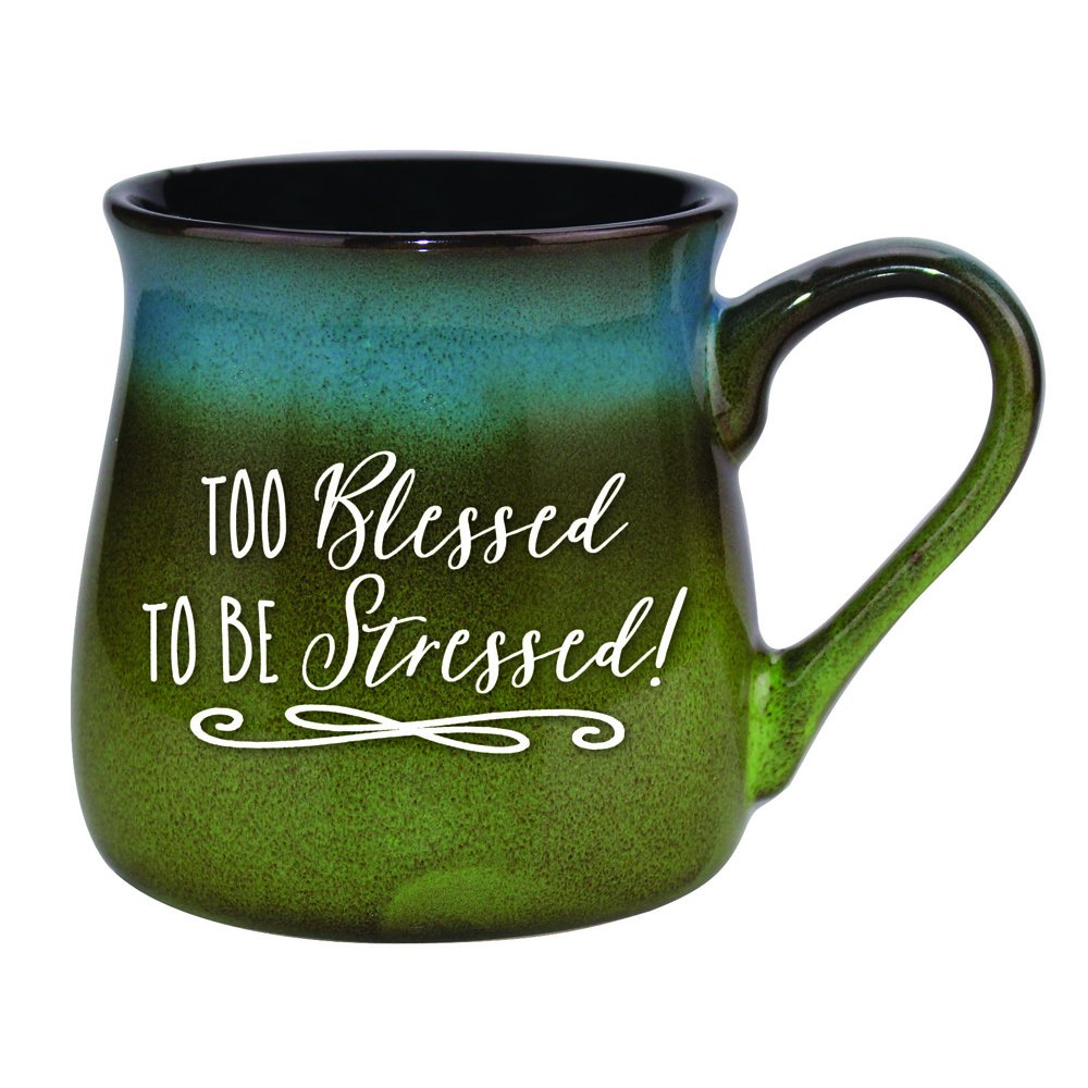 Blessed Coffee Tea Soup Ceramic Mug | Too blessed to be stressed! | 16 ounce Designer Mug with Inspiring Sentiment | Elegant Pottery Look