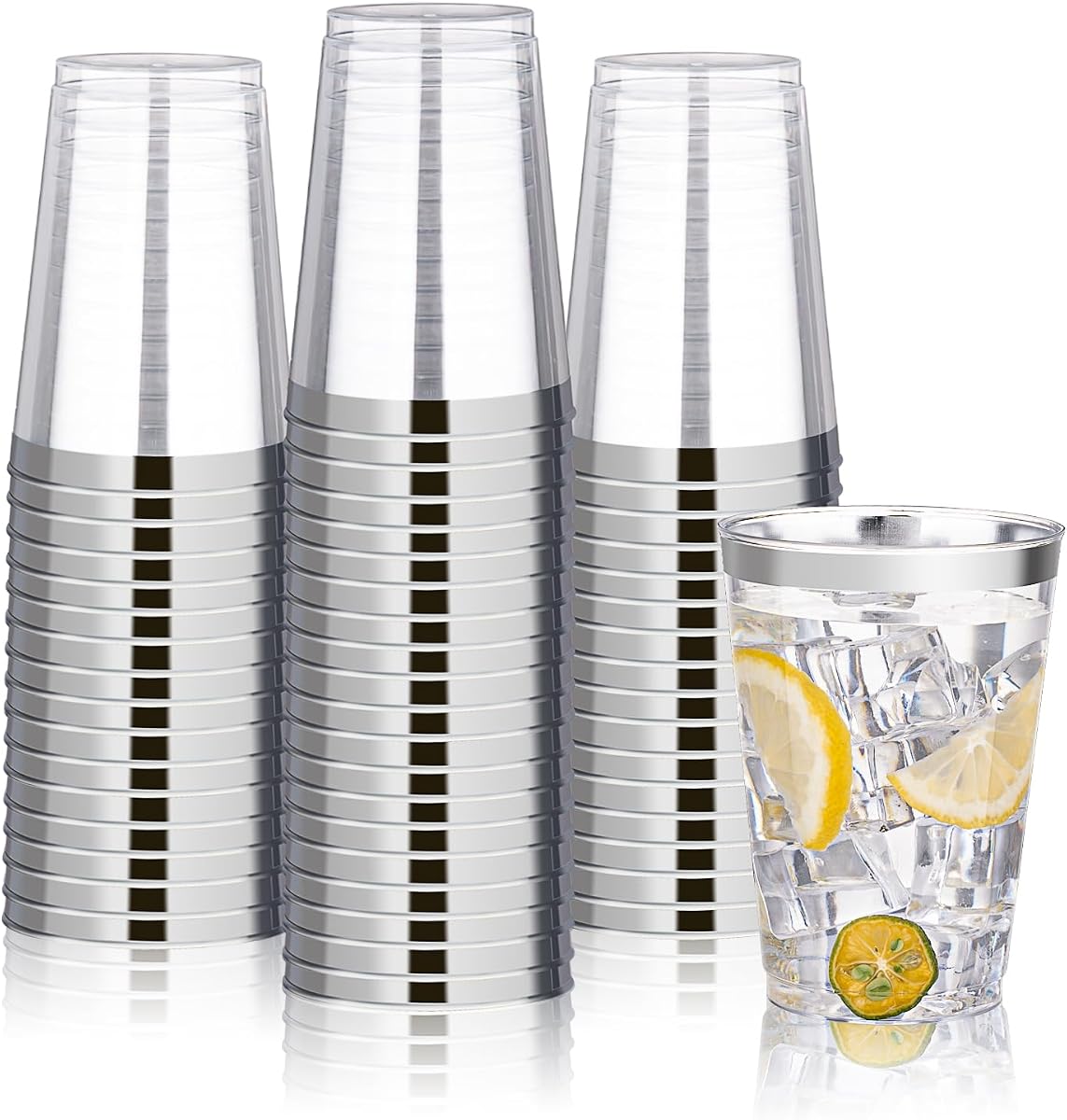 BESTVIP 12oz Silver Plastic Cups, 100 Pack Silver Rimmed Disposable Cups | Heavy-duty Party Cocktail Glasses for Christmas, Plastic Cups for Party, Holiday, Wedding and Birthday