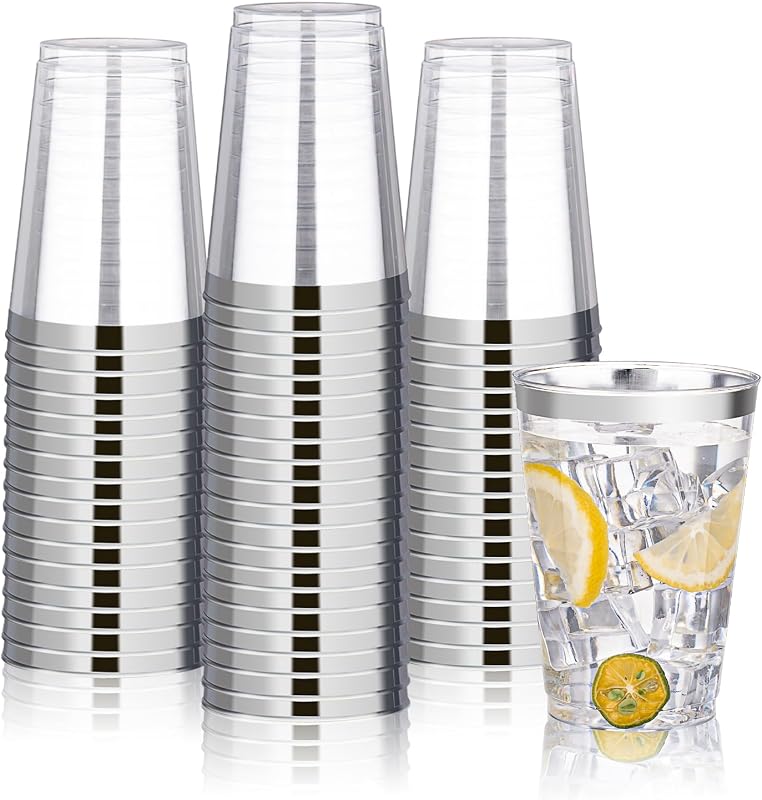 BESTVIP 12oz Silver Plastic Cups, 100 Pack Silver Rimmed Disposable Cups | Heavy-duty Party Cocktail Glasses for Christmas, Plastic Cups for Party, Holiday, Wedding and Birthday