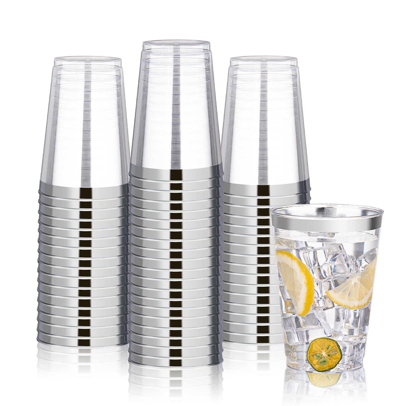 BESTVIP 12oz Silver Plastic Cups, 100 Pack Silver Rimmed Disposable Cups