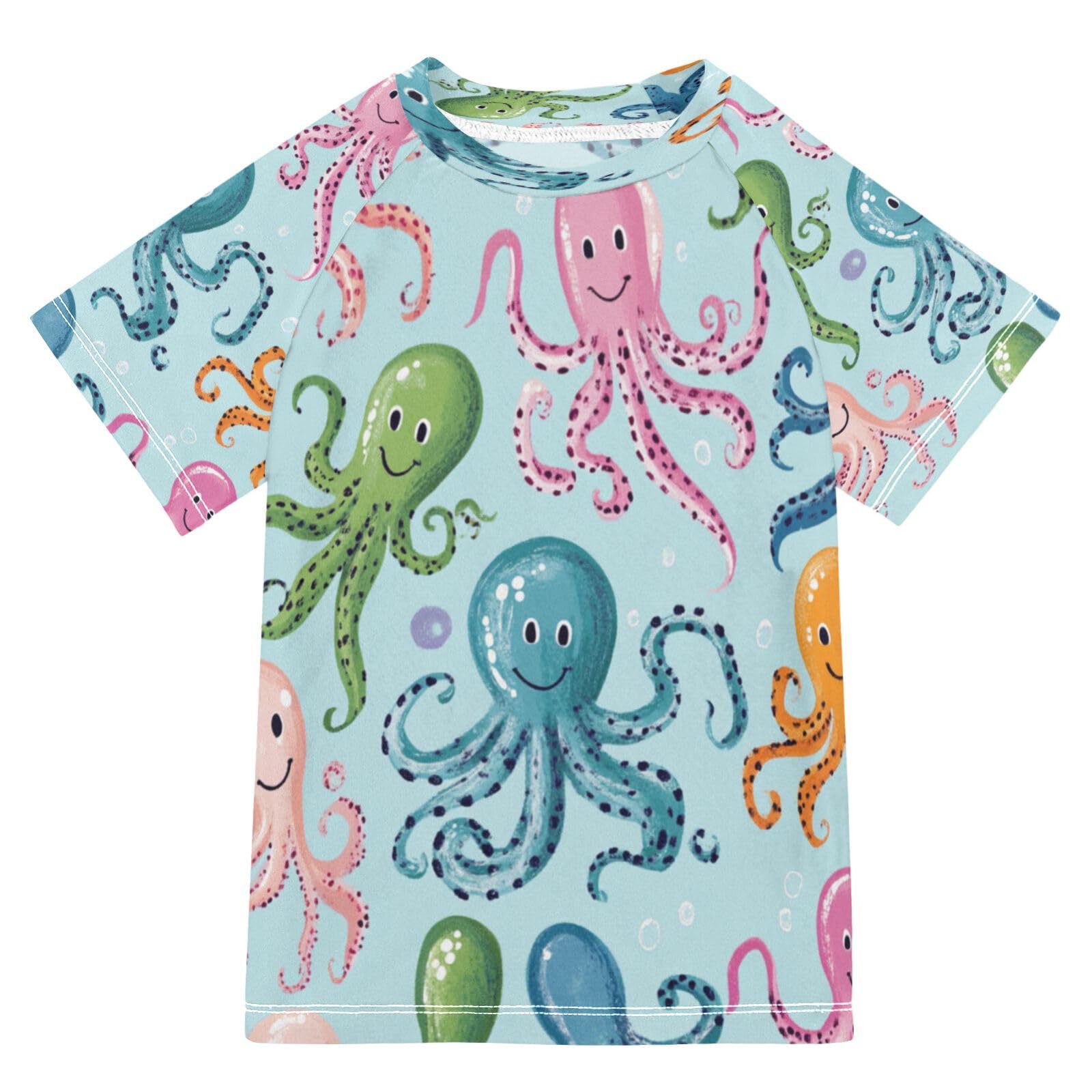Boys Sun Shirts UV Protection Short Sleeve Rash Guard Swim Shirt Cartoon Octopus Water Shirt Rashguard 4T,20