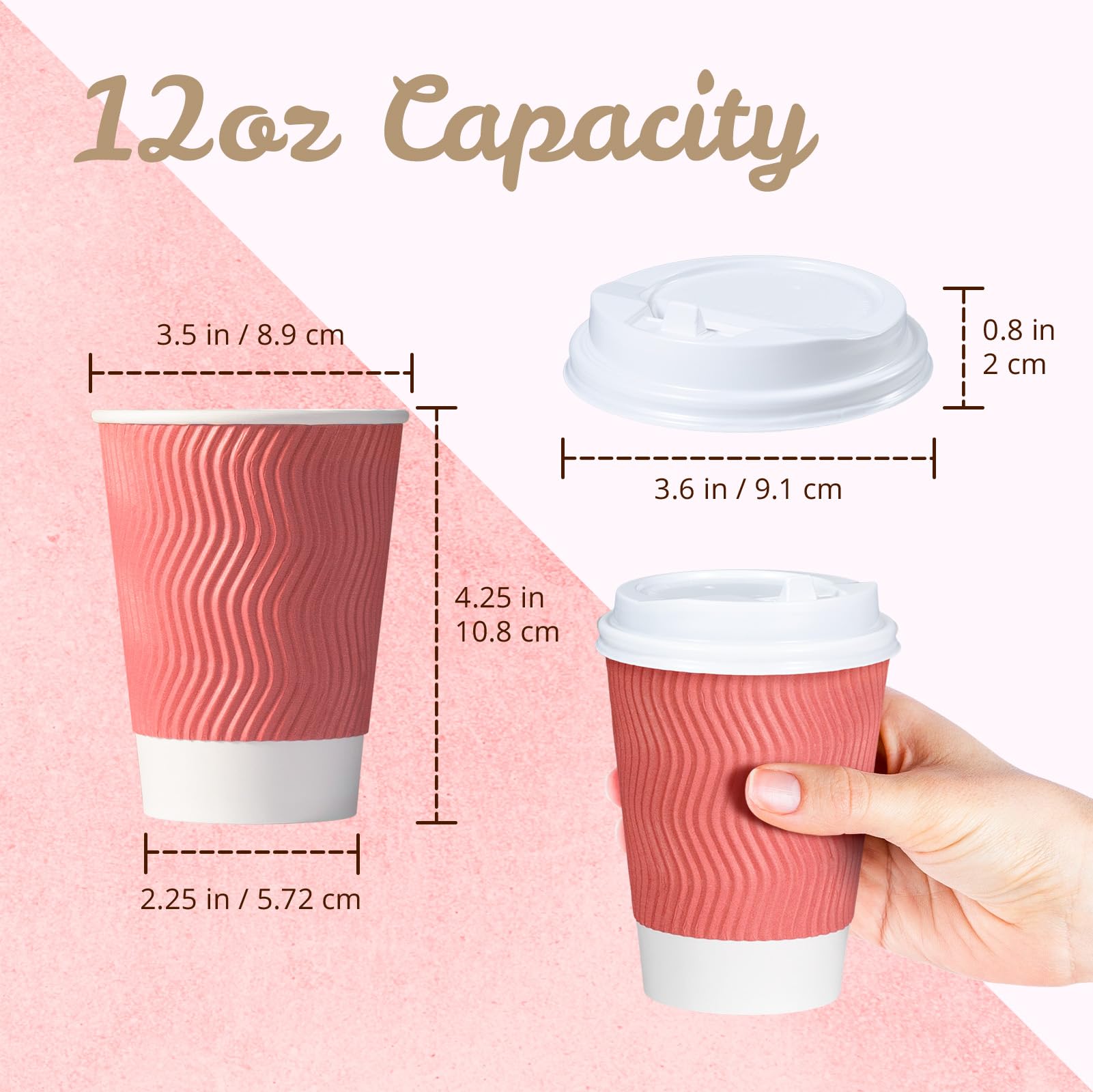 MATICAN Lot de 50 tasses à café en carton ondulé isotherme, jetables, avec couvercles, parois ondulées pour boissons chaudes ou froides, corail, 355 ml