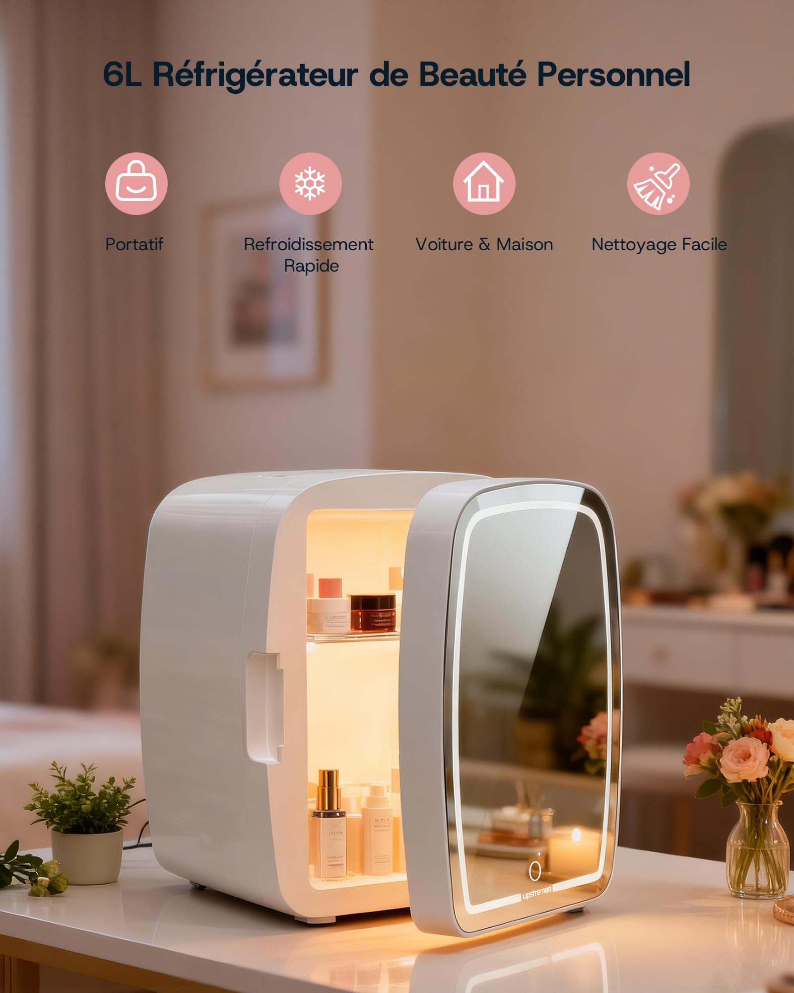 Upstreman TF06 PRO Mini Frigo Cosmetique 6L avec Miroir, Éclairage LED 3 Intensités, 35 dB Silencieux Portable