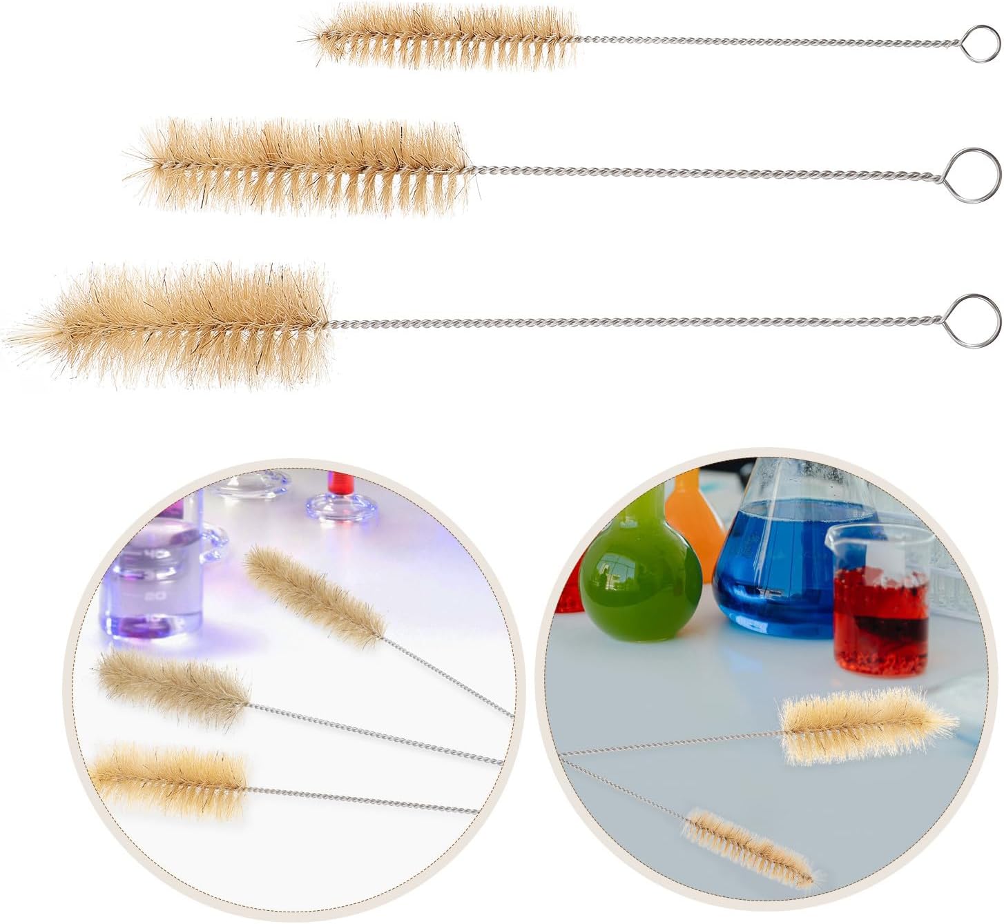 STOBAZA 3pcs Lab Cleaning Brushes Set with 304 Stainless Steel Handles, Pig Bristle Flask Brushes for Beaker, Test Tube, and Cylinder Cleaning, Small Medium Large Sizes for Narrow Neck