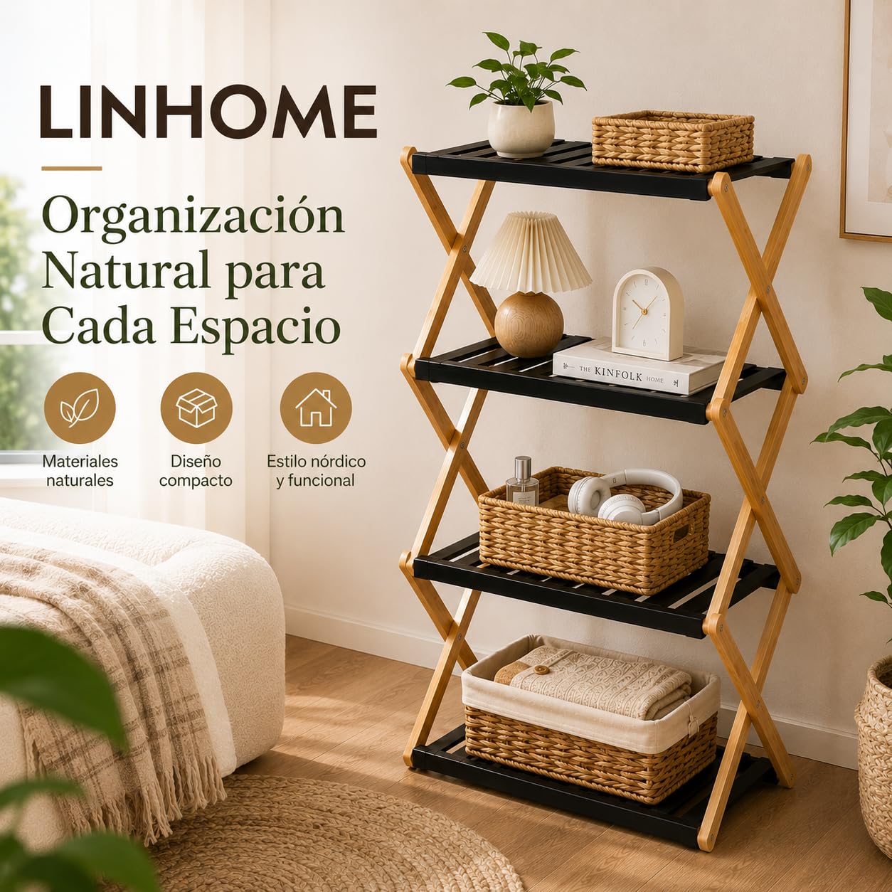 XZ-24508 Estante Zapatero de 3 Niveles Plegable de Bambú 28x37.5x93.5cm Negro - Organizador Portátil para Calzados Sin Instalación, Zapatero para Pasillos