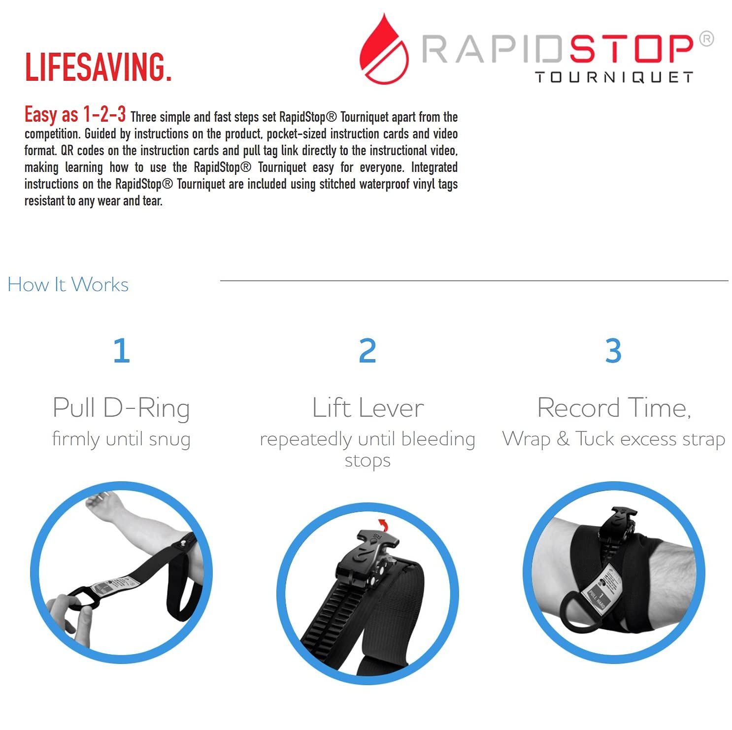 Aero Healthcare RST102 RAPIDSTOP Blue Tourniquet for Emergency Outdoor First Aid Tactical Life Saving Hemorrhage Control, Single-Handed Operation of Hemostatic Bandage. Made in The USA