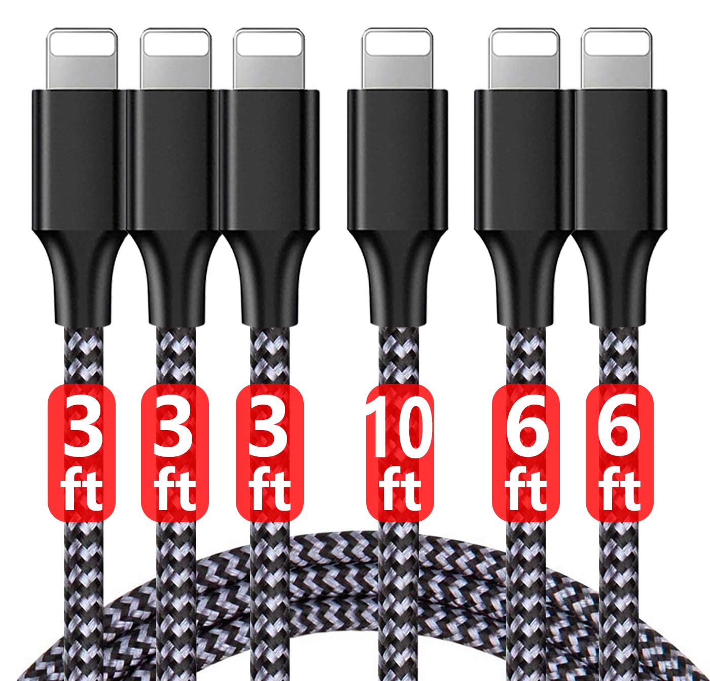 iPhone Charger,Lightning Cable Compatible with iPhone iPad iPod Air,3/3/3/6/6/10 ft 6Pack Nylon Braided USB Charging Cable High Speed Data Sync Transfer Cord
