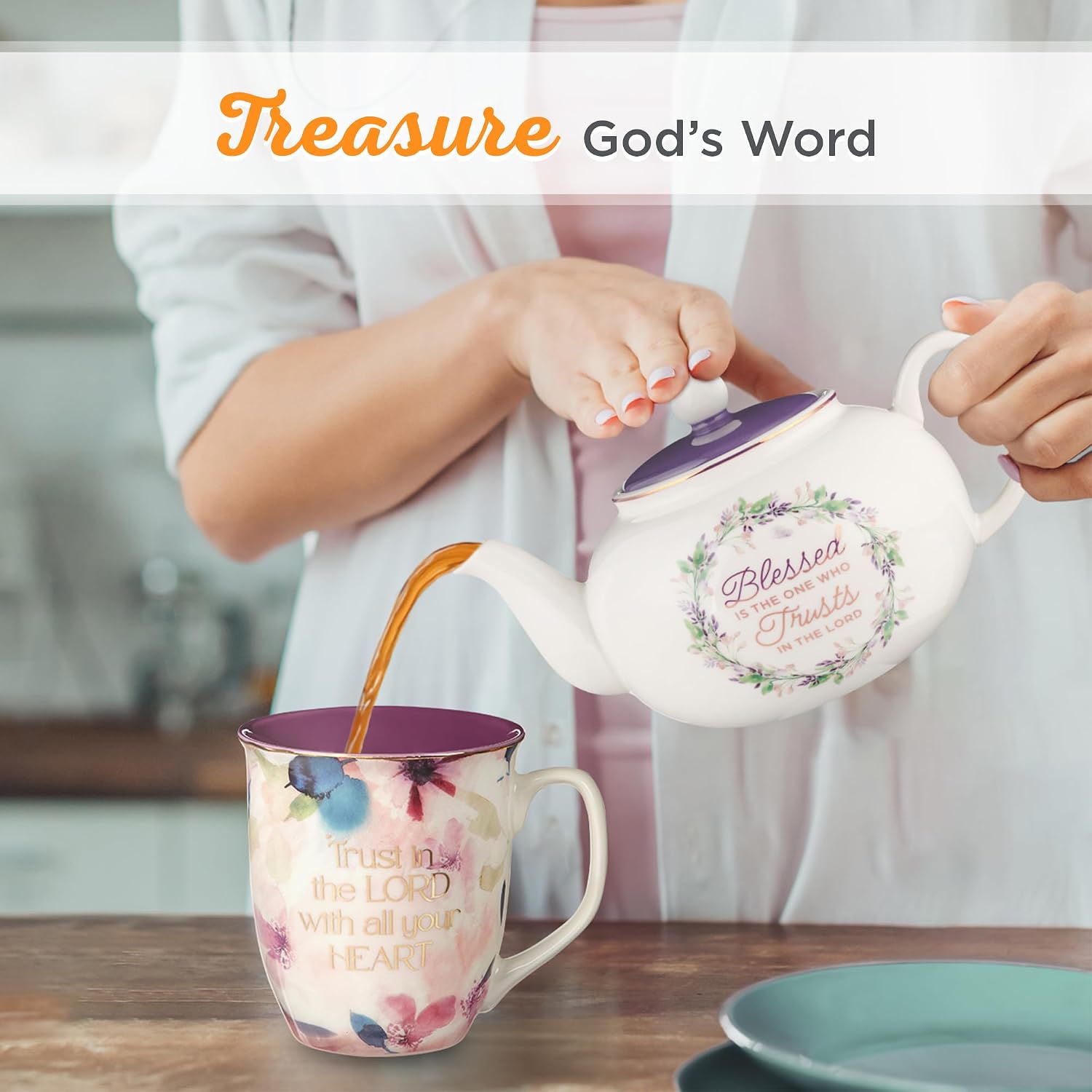 Christian Art Gifts Large Ceramic Cute Inspirational Scripture Teapot for Women: Blessed Encouraging Gold Bible Verse for Home & Kitchen, Easy-Pour Lead & Cadmium-free, White & Purple Floral, 34 oz.