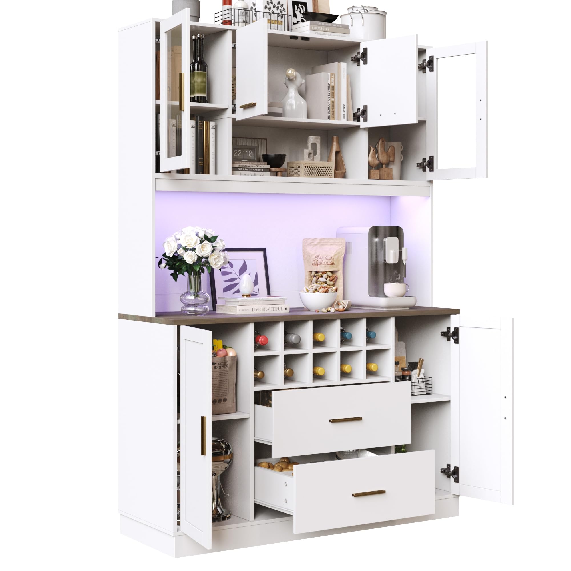 Seitenschrank, Aufbewahrungsschrank, Küchenschrank, 120x36,3x180 cm, mit LED-Beleuchtung und Steckdose, sechs Türen, Zwei große Schubladen, Weiß