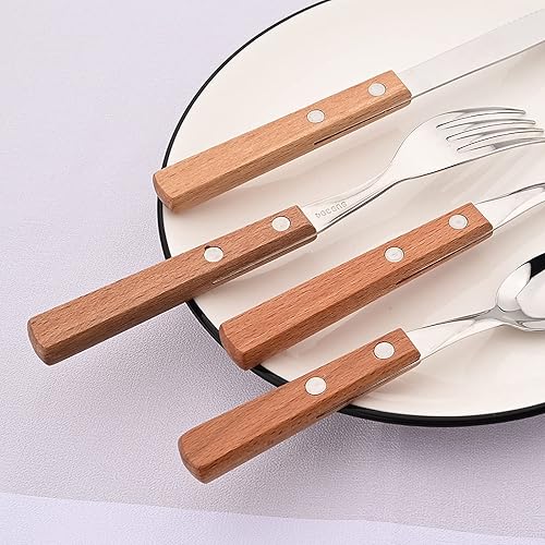 Miniatura 9 de Jankng Juego de cubiertos de 32 piezas, costuras de mango grueso de madera de acero inoxidable 188 (304), diseño de remaches, cubiertos de cocina